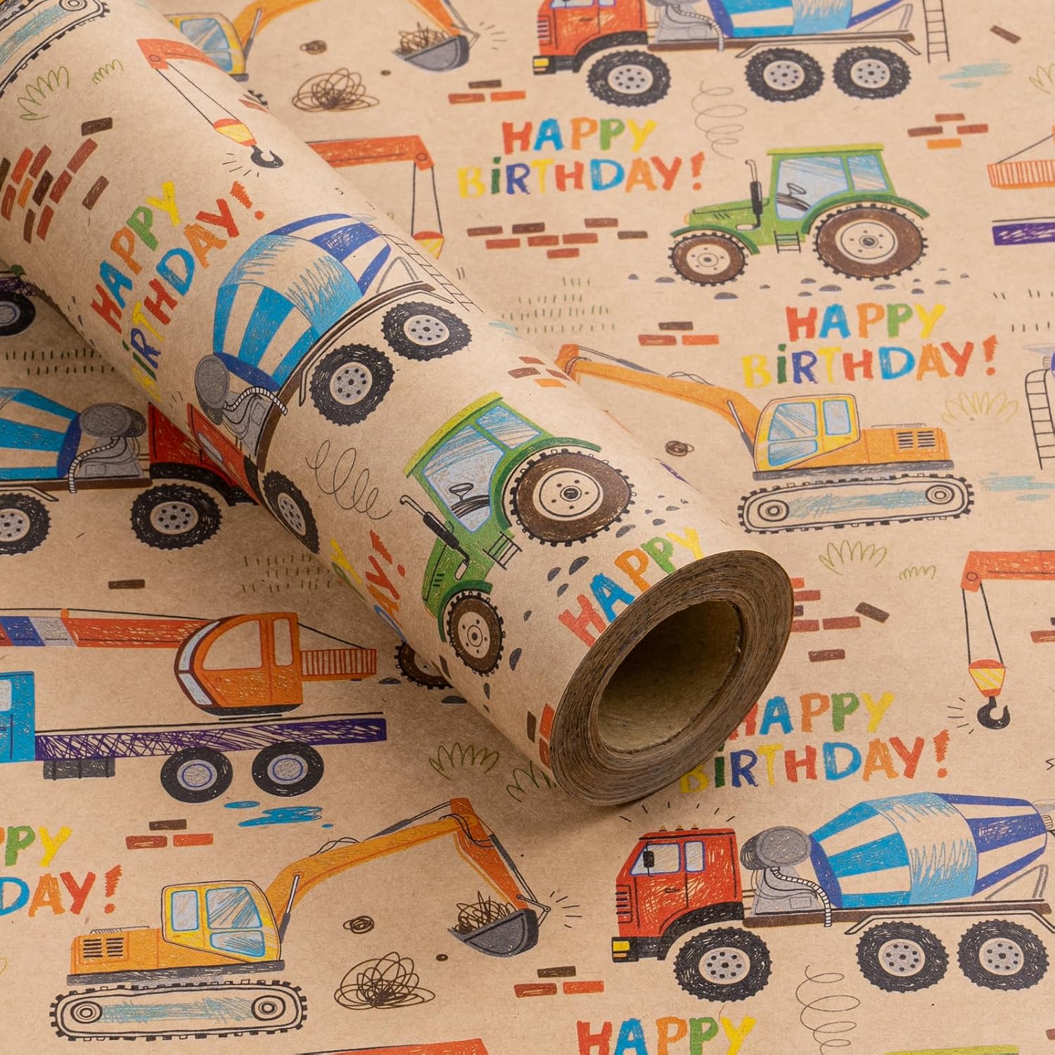 Mini Roll Wrapping Paper - Cartoon Truck & Happy Birthday Text Design Kraft Wrap Paper, Great For Kids Boys Birthday, Truck Party - 17 Inches X 32.8 Feet