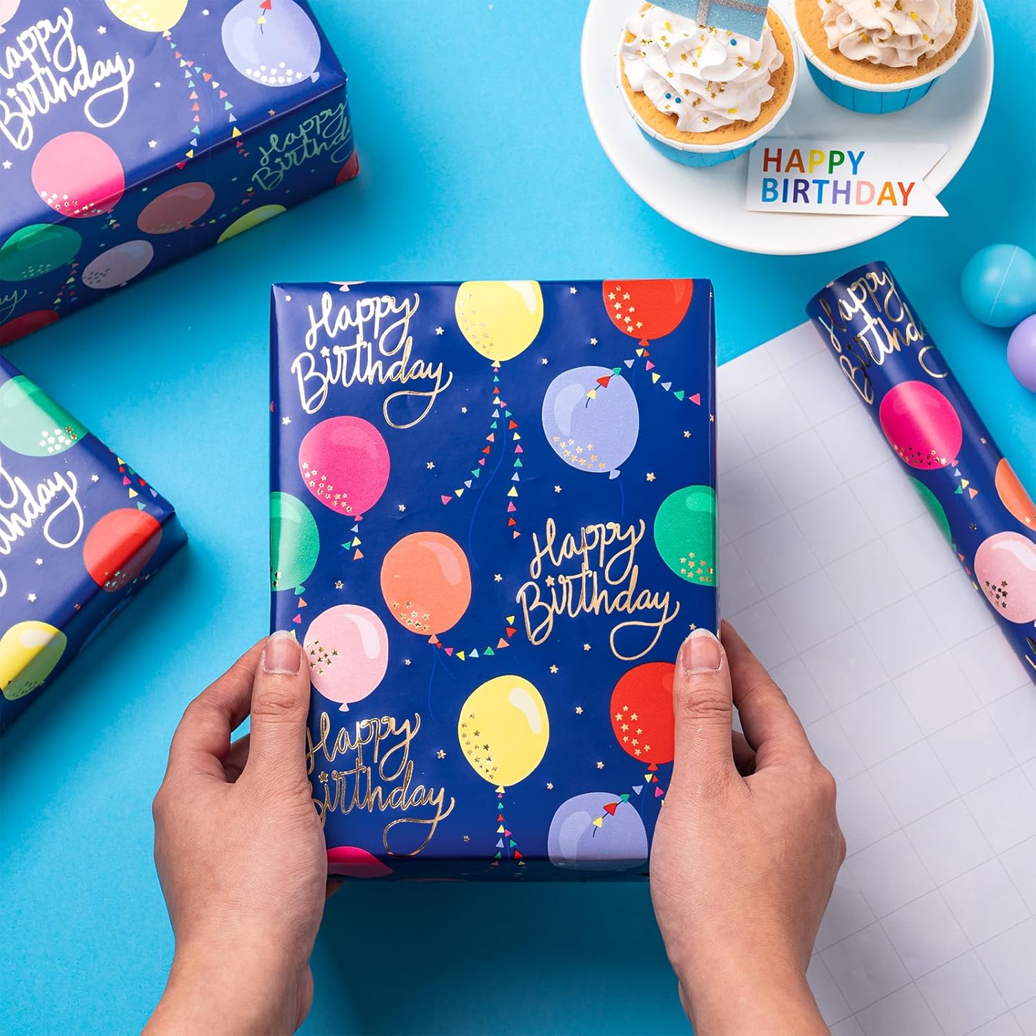 Birthday Wrapping Paper Roll, Mini Roll, Colorful Balloon With Gold Foil Happy Birthday Text Design Gift Wrap Paper For Boys Girls, Baby Shower, Party And More, 17 Inches X 9.8 Feet