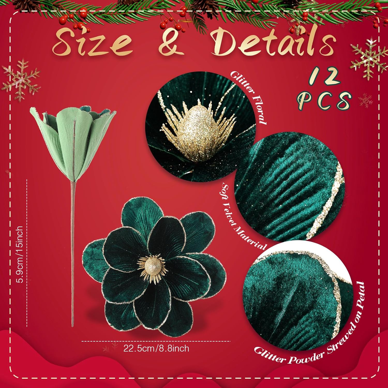 12 Pcs Large Velvet Christmas Poinsettia Magnolia Flowers Ornaments Glitter Big Heads Artificial Magnolia Flowers For Decoration Wedding Decor Supplies(Dark Green)