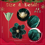 12 Pcs Large Velvet Christmas Poinsettia Magnolia Flowers Ornaments Glitter Big Heads Artificial Magnolia Flowers For Decoration Wedding Decor Supplies(Dark Green)