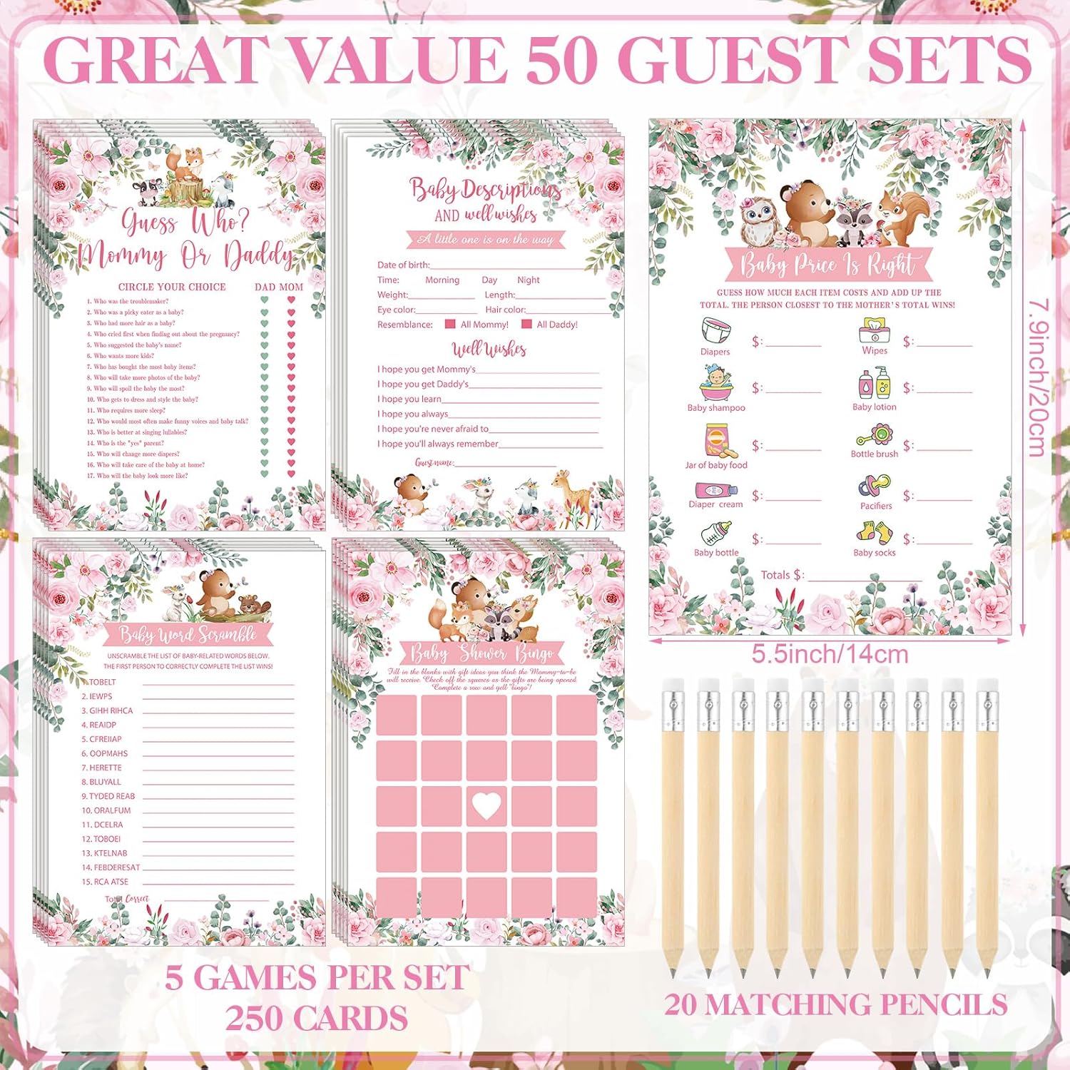 321 Pcs Woodland Animal Baby Shower Games Pink 5 Games Baby Shower Bingo Word Scramble Description And Well Wishes Price Is Right Guess Who Mom Or Daddy Don'T Say The Word Clothespin Pencil