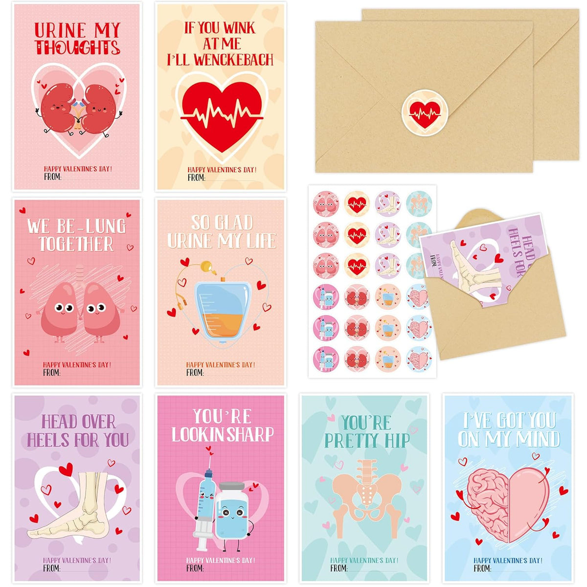 Funny Medical Valentines Day Cards: 24 Pcs Valentine Card For Nurses Coworkers, Healthcare Pun Valentine'S Day Cards With Envelopes & Stickers, Cute Nurse Doctor V-Day Gifts For Office Hospital