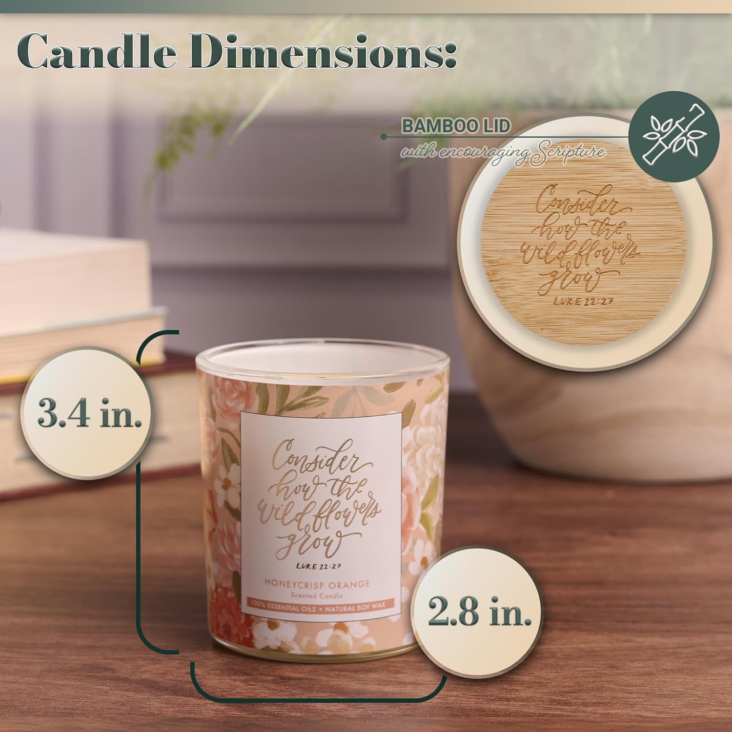 Natural Soy Wax Essential Oil Infused Scented Glass Jar Candle For Women: Wildflowers Grow Inspiring Scripture, Wood Lid, Clean Cotton Wick, Pink Florals, Honeycrisp Orange Scent