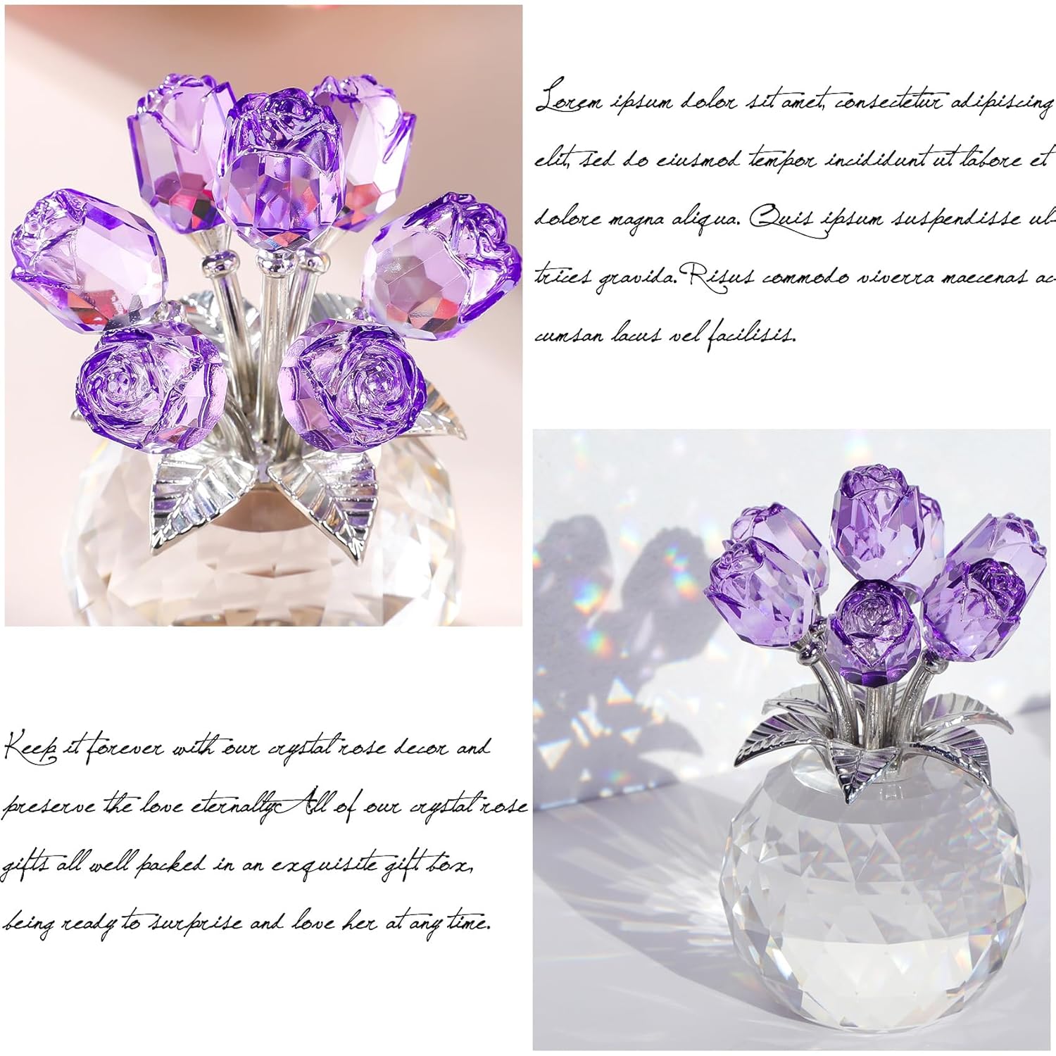 Crystal Rose Figurines Gifts For Women Valentine'S Day, Glass Floral Ornament For Mother'S Day Birthday Christmas Amethyst Collectible Rose Flowers Anniversary Floral Presents For Her (Purple)