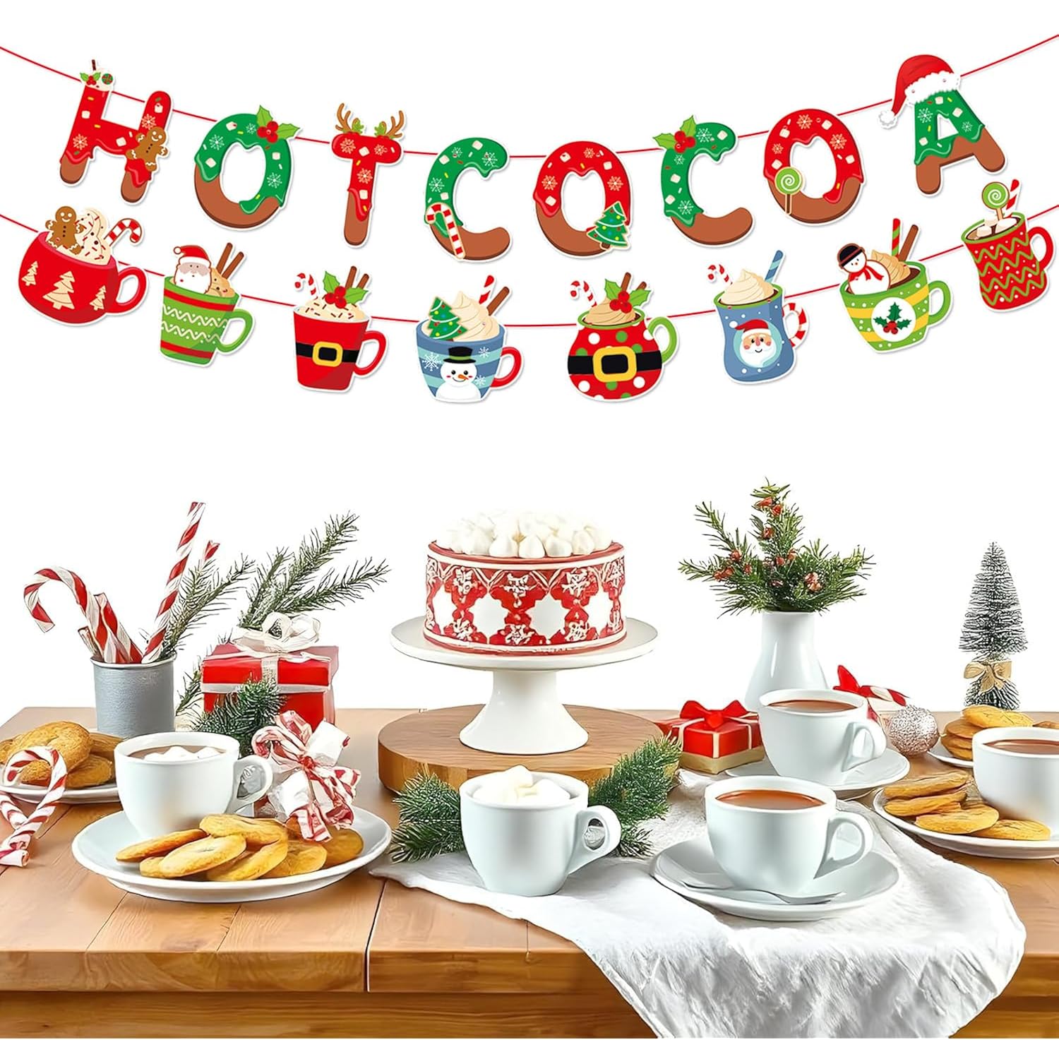 Pre-Assembled Christmas Hot Cocoa Banner,Hot Cocoa Cups Garland,Gingerbread Hot Chocolate Bar Supplies For Baby Shower Winter Holiday New Year Party Decor,Snowflake Holiday Party Winter Wedding Sign