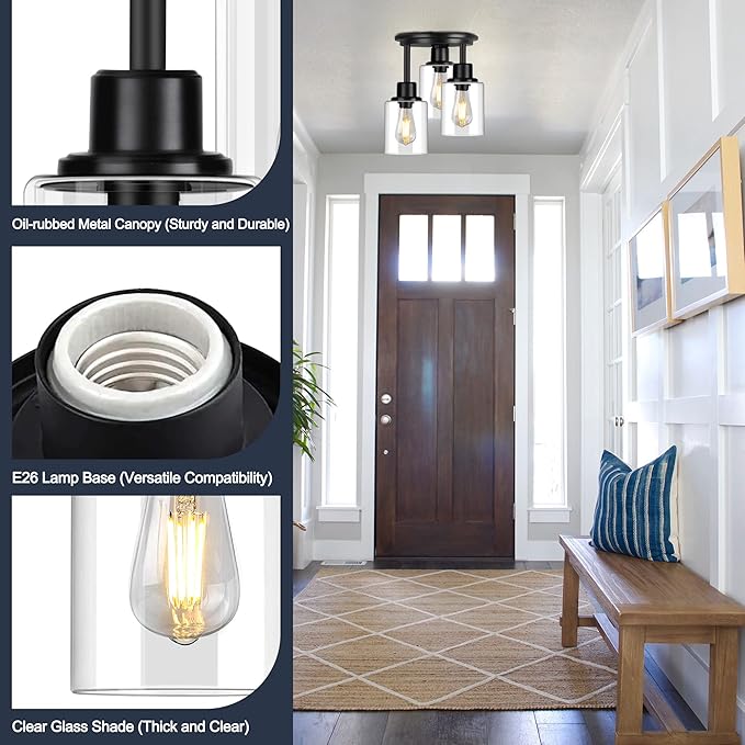 3 Light Black Semi Flush Mount Ceiling Light with Clear Glass Shades Modern Fixture