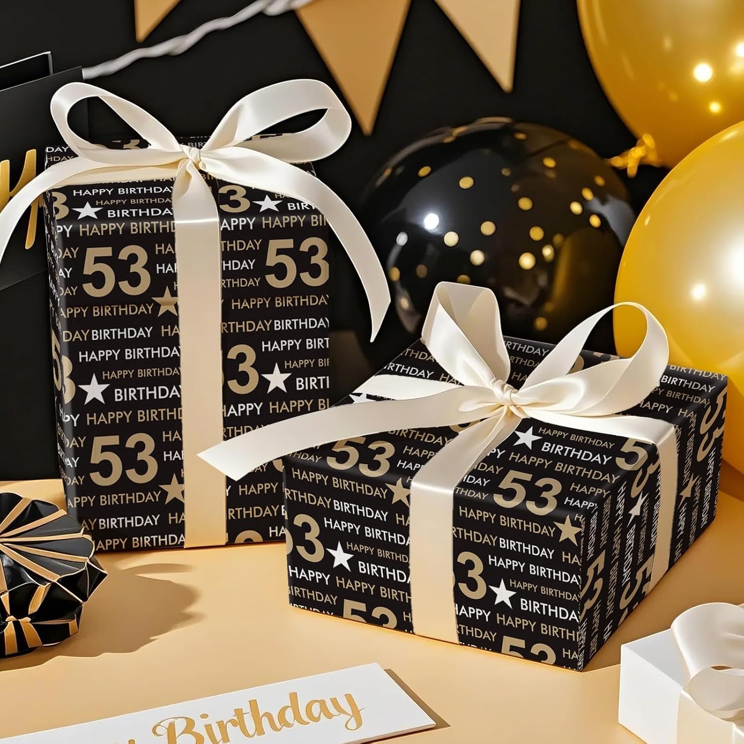 53Rd Birthday Wrapping Paper Roll, Min Roll, Black Gold Design With Stars And Happy Birthday Gift Wrap Paper For Age 53 Men, Women, 53Rd Birthday Party Celebrations, 17 Inches X 16.4 Feet