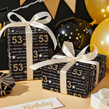 53Rd Birthday Wrapping Paper Roll, Min Roll, Black Gold Design With Stars And Happy Birthday Gift Wrap Paper For Age 53 Men, Women, 53Rd Birthday Party Celebrations, 17 Inches X 16.4 Feet