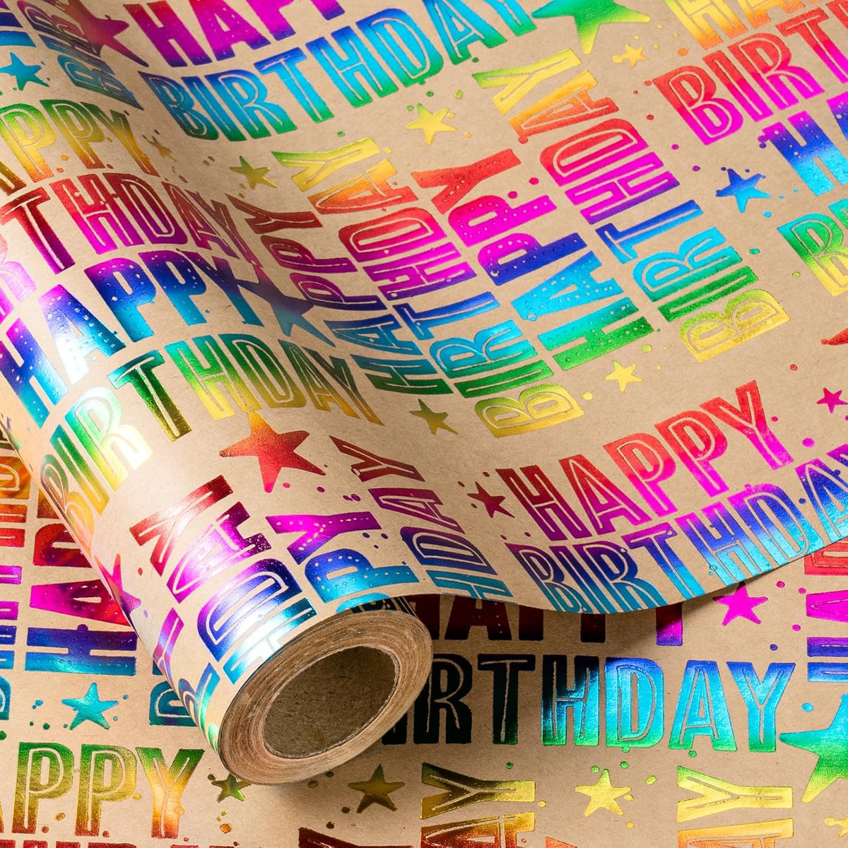 Birthday Kraft Wrapping Paper Roll, Mini Roll, Colorful Foil Happy Birtdhay Text Pattern Kraft Paper, Birthday Gift Wrap For Birthdays, Party And Special Occasions, 17 Inches X 16.4 Feet