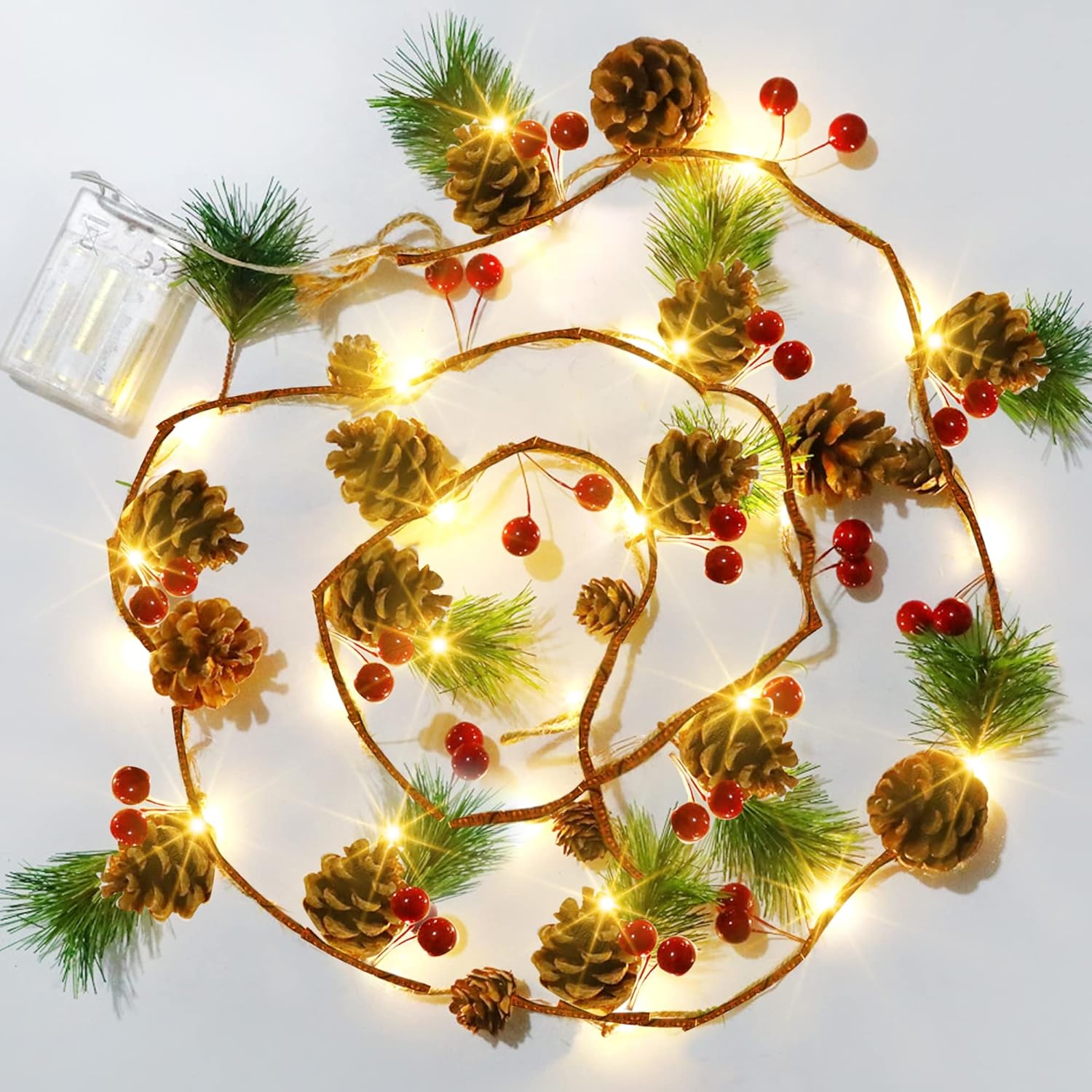 Pine Cone Christmas String Lights, Total 6.5Ft 20Led Battery Operated Christmas Garland With Red Berry Pine Cone Fairy S