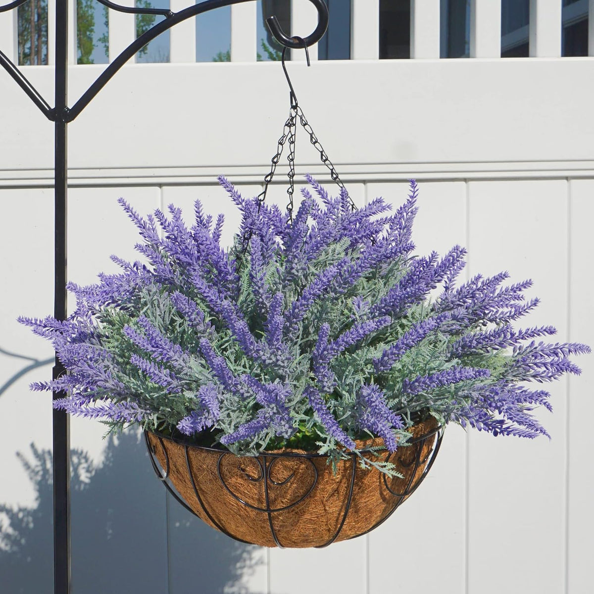 Artificial Faux Outdoor Hanging Flowers Plants Basket For Porch Spring Decoration, 12 Bundlies Fake Uv Resistant Lavender With Coconut Lining Baskets For Home Patio Balcony Yard