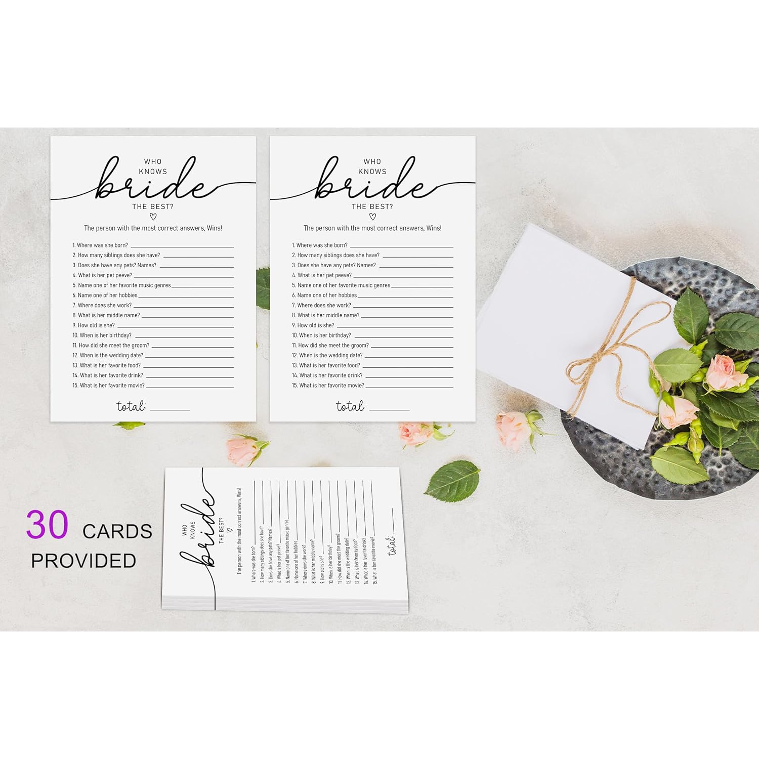 Who Knows The Bride Best Game, Bridal Shower Questionnaire Cards, Minimalist Wedding Game, How Well Do You Know The Bride, Bridal Shower Games, Bachelorette Party Games -Wktb04