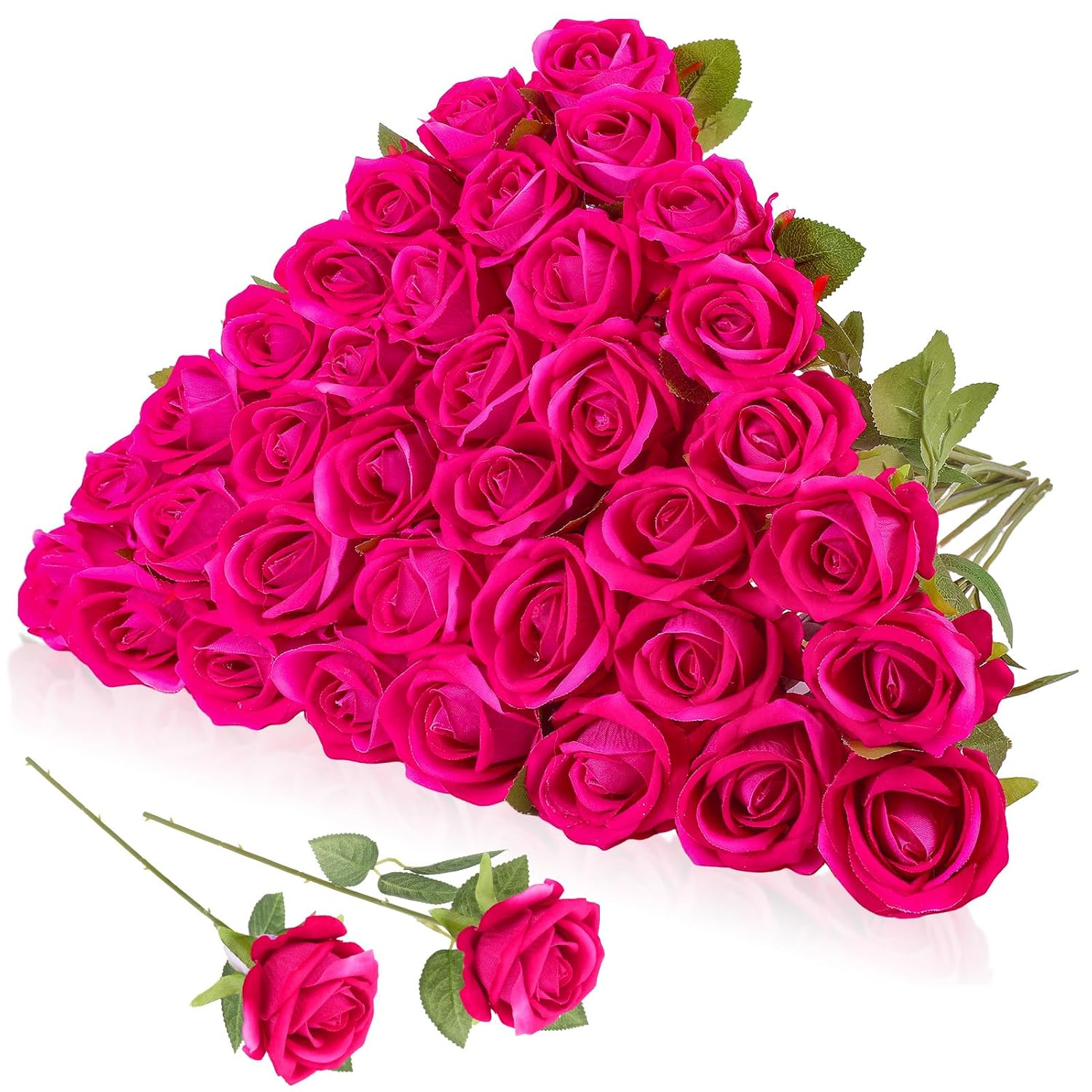 36 Pcs Velvet Silk Hot Pink Rose Bouquet Bridal Artificial Flowers,Fake Rose Long Stem Realistic Artificial Flowers Bulk For Wedding Bouquet Ball Arrangement Centerpiece Party Decor(Hot Pink)