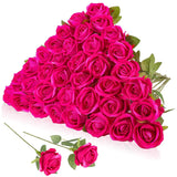 36 Pcs Velvet Silk Hot Pink Rose Bouquet Bridal Artificial Flowers,Fake Rose Long Stem Realistic Artificial Flowers Bulk For Wedding Bouquet Ball Arrangement Centerpiece Party Decor(Hot Pink)