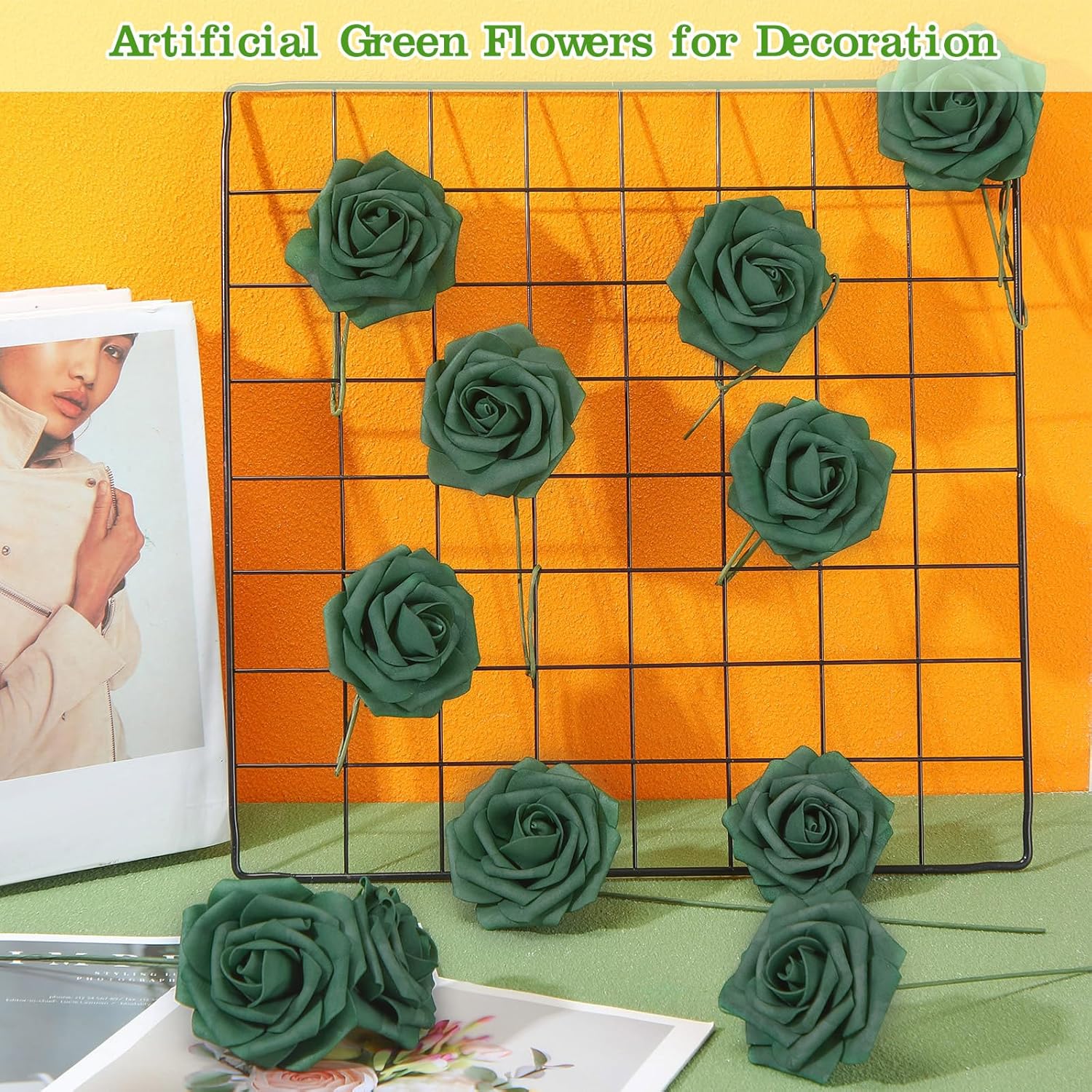 100 Pack Green Artificial Rose Flowers With Stems Foam Faux Flowers Real Looking Fake Roses Bulk For Diy Wedding Bouquets Bridal Shower Centerpieces Floral Arrangements Decor(Army Green)