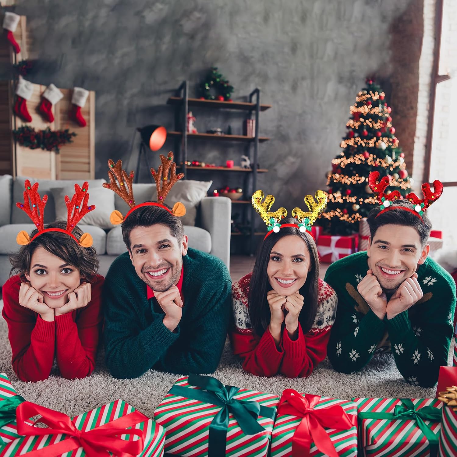 24 Pcs Christmas Reindeer Headbands,Antler Costume Headwears Bulk Shiny Head Topper With Sequin For Christmas Party Favors,8 Styles (Chic)