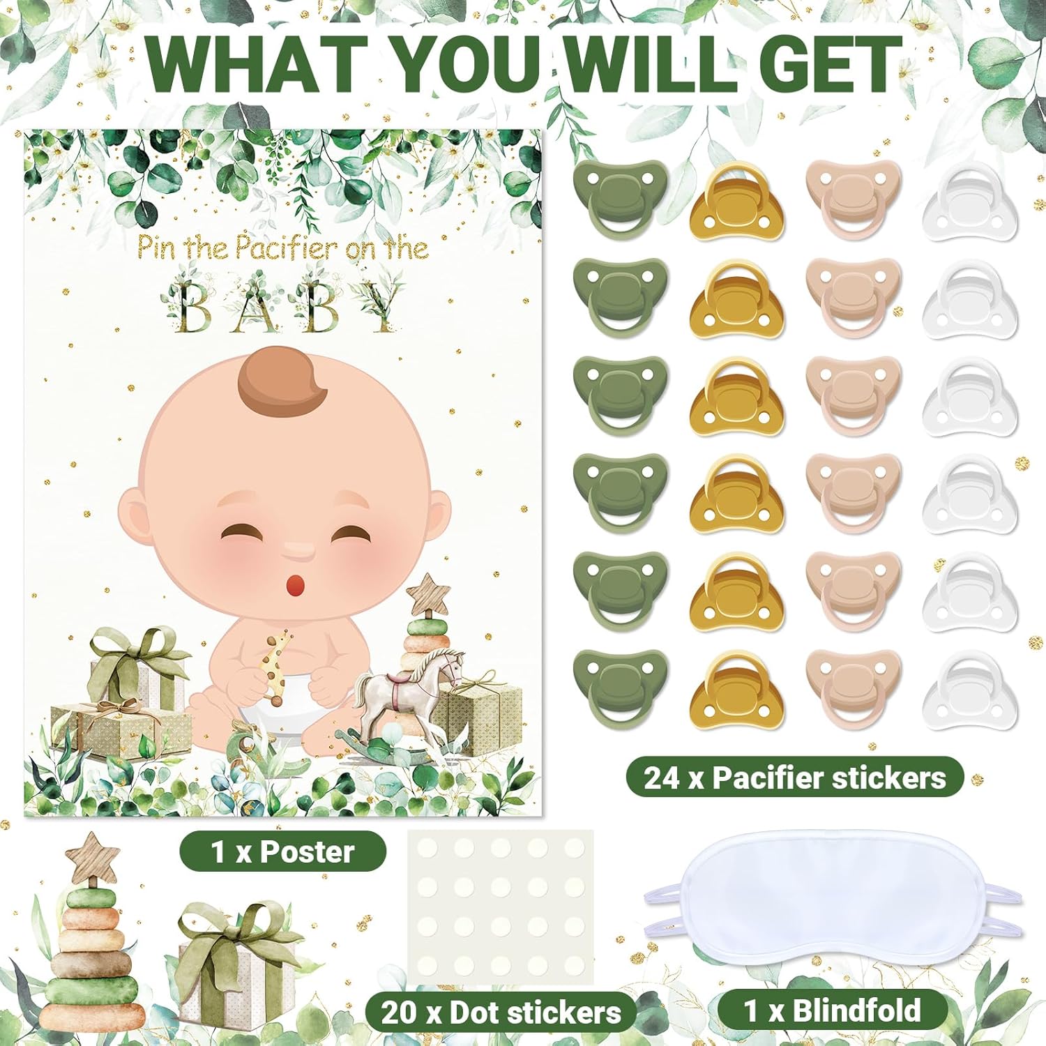 Pin The Pacifier Baby Shower Game Baby Shower Party Decorations Include Large Poster 24 Pacifier Stickers Blindfold Game Set For Birthday Party Decor Supplies(Green,Fair)