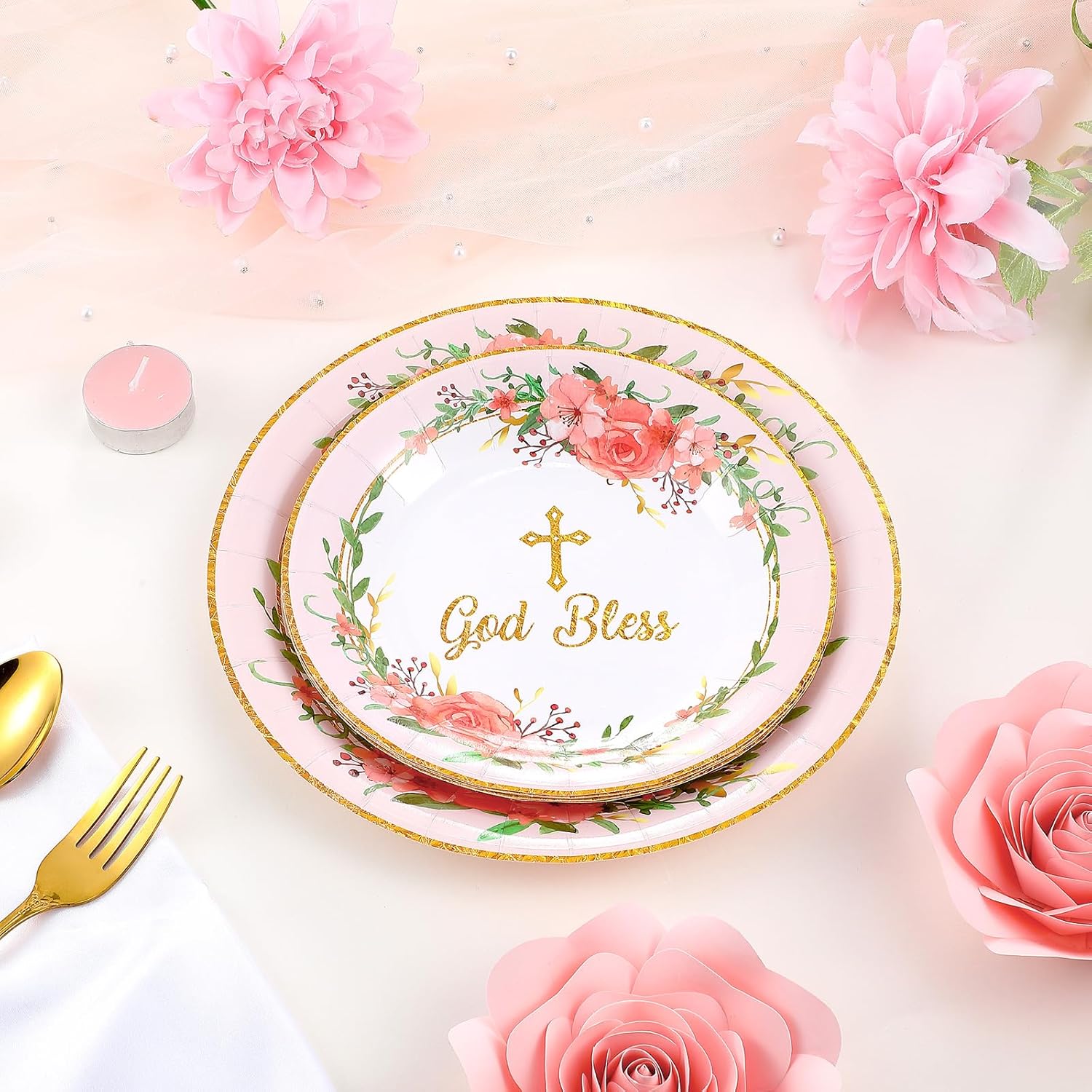 96 Pcs God Bless Baptism Plates Bulk 7'' 9'' First Holy Communion Paper Plates Disposable Newborn Religious Dinnerware For Christening Celebration Church Baby Shower Christmas(1St Communion)