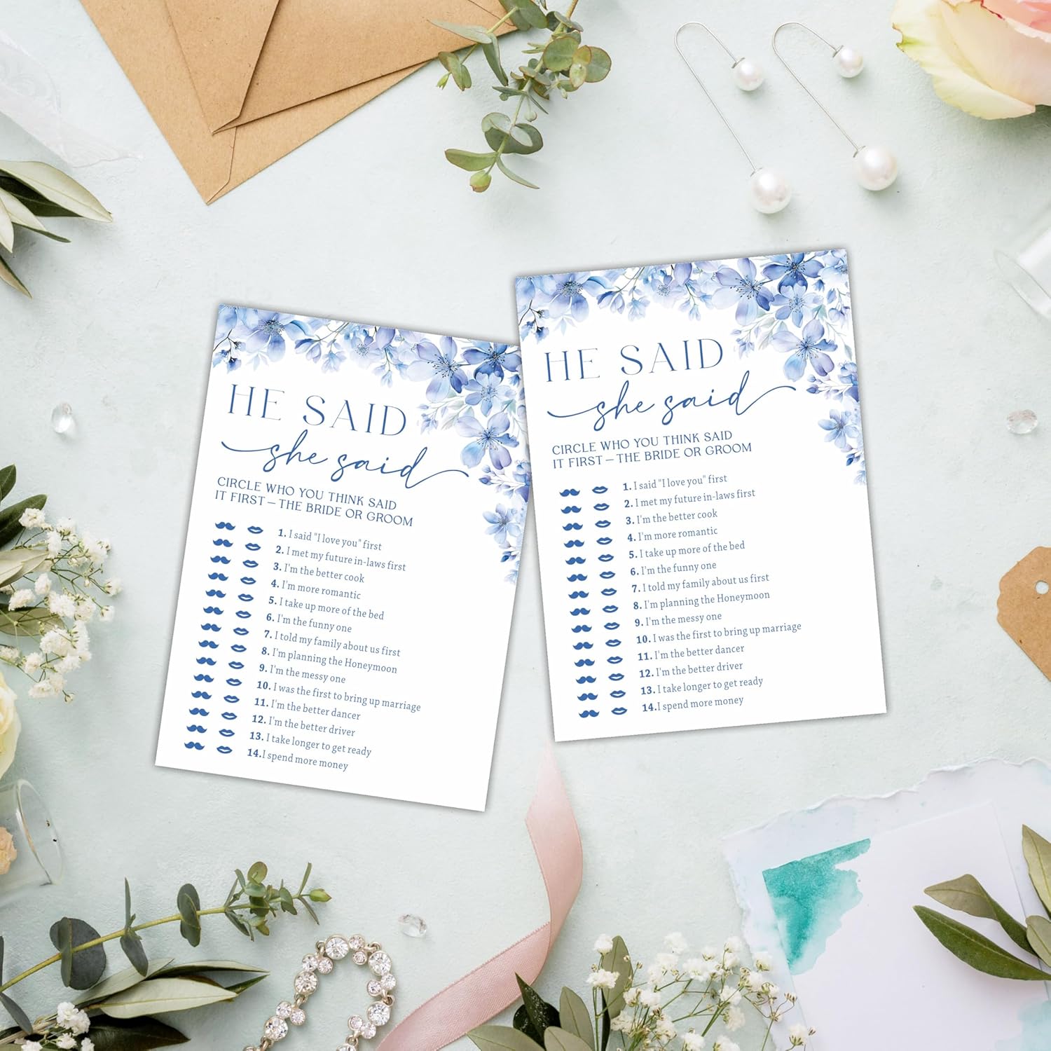 He Said She Said Bridal Shower Game - Blue Floral - 30 Pcs Double-Sided Fill-In Wedding Game Cards For Newlyweds, Engagement Party Activities & Decorations -A02