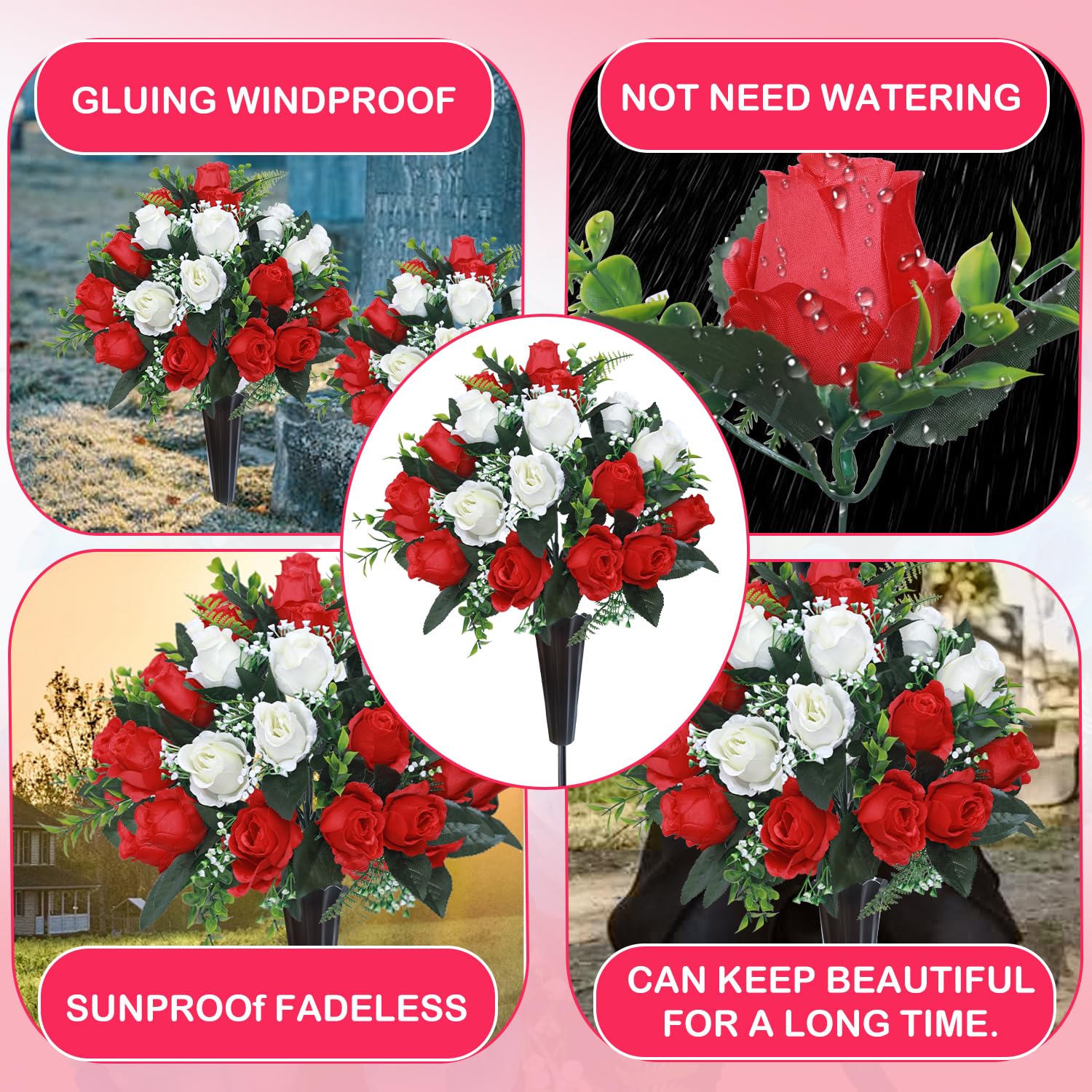 Set Of 2 Artificial Cemetery Flowers, Memorial Flowers Bouquet,Grave Memorial Flowers With Vase For Cemetery Headstones Decoration (Red White)