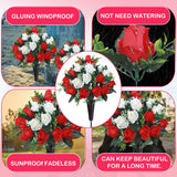 Set Of 2 Artificial Cemetery Flowers, Memorial Flowers Bouquet,Grave Memorial Flowers With Vase For Cemetery Headstones Decoration (Red White)