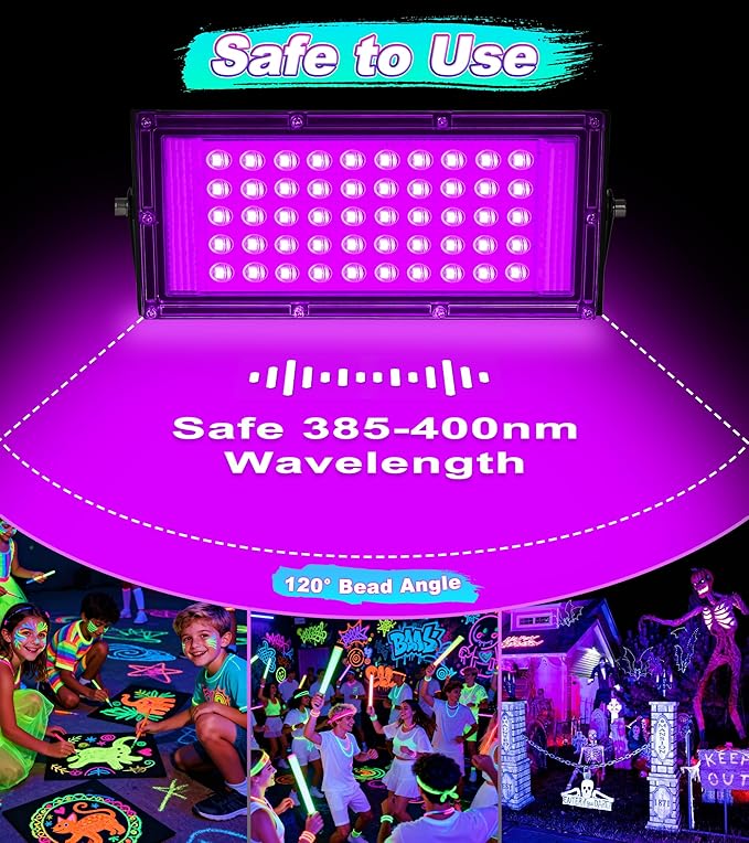 2 Pack 50W LED Black Light IP66 Waterproof Outdoor Flood Light with Plug Switch for Glow Party