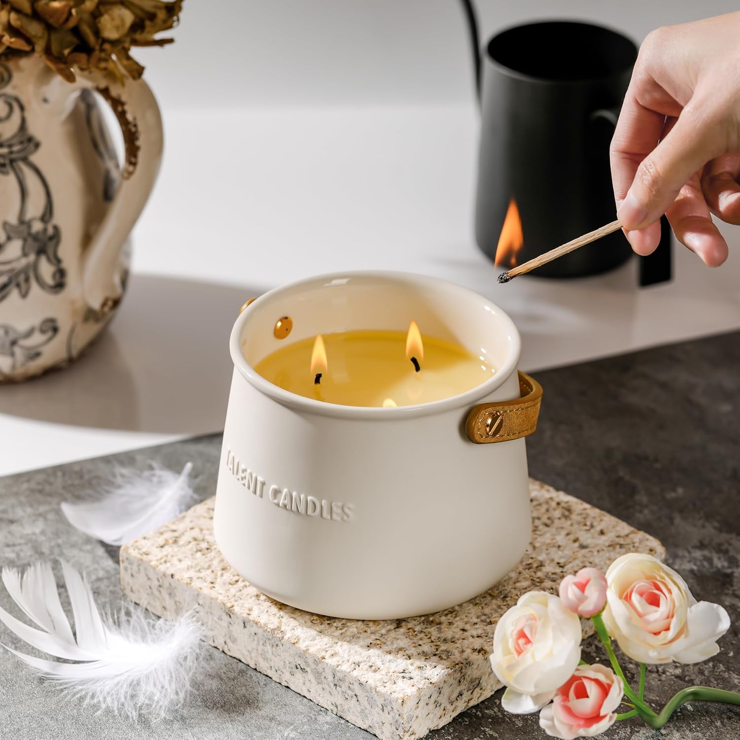 Candles For Home Scented - Scandinavian Style 3 Wick Candle - 30 Hours Long-Lasting Ceramic Candle Jar - Soy Candles Non Toxic With Minimalist Design - Grapefruit Rose