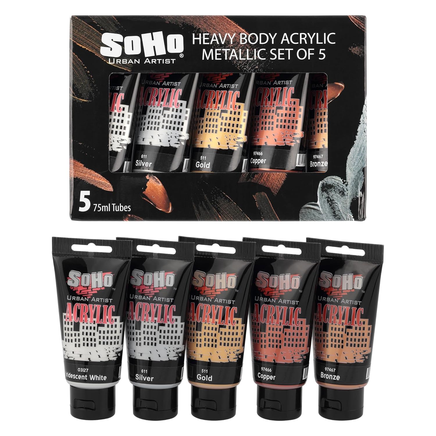 Heavy Body Acrylic Paint - Set Of 5-75Ml - Metallic - Thick, Rich Color, Excellent Coverage, Professional Quality - Artists Acrylic Paint