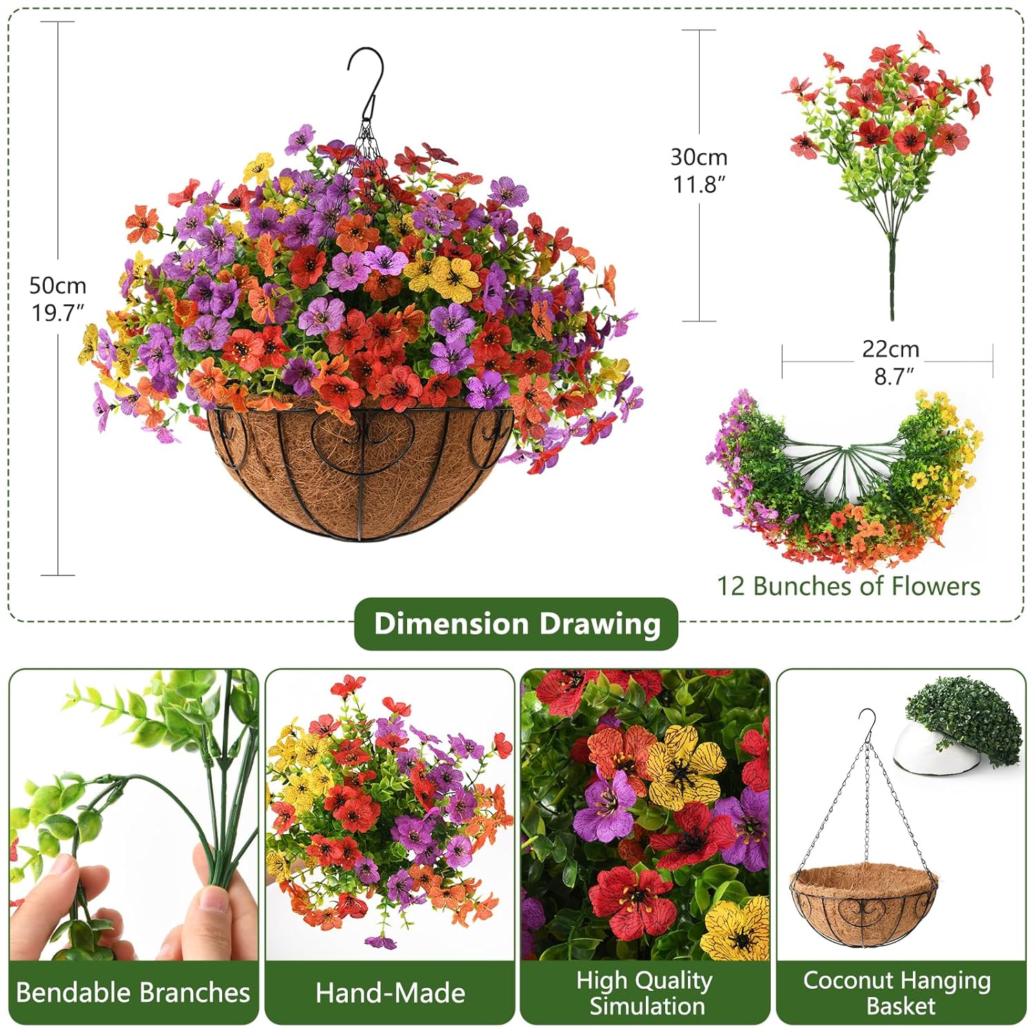 Artificial Faux Hanging Flowers Plants With Basket For Outdoor Spring Decoration, Fake Silk Daisy Outside Indoor Uv Resistant Look Real Yard Patio Front Porch Garden Balcony Home Decor(Mix2)