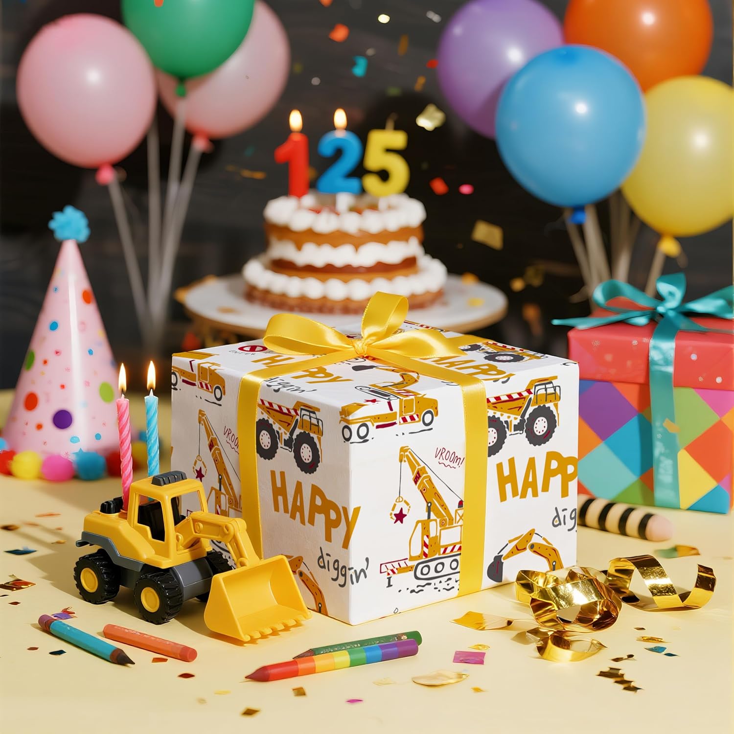 Kids Wrapping Paper Roll – Construction Truck & Excavator Theme With Happy Diggin’ Design – Mini Roll 17 In X 16.4 Ft Gift Wrap For Boys Birthday, Party, Baby Shower
