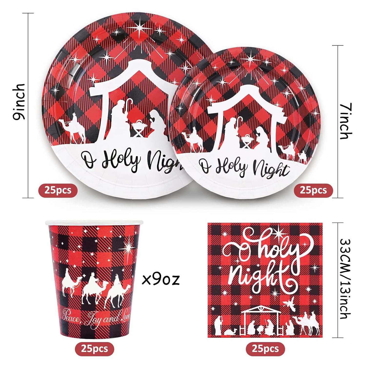 100Pcs Christmas Tableware Set Jesus Holy Night Disposable Paper Plates Napkins Cups Xmas Religious Red Black Buffalo Plaid Dinnerware Set Serves Guests For Christmas Baptism Party Supplies