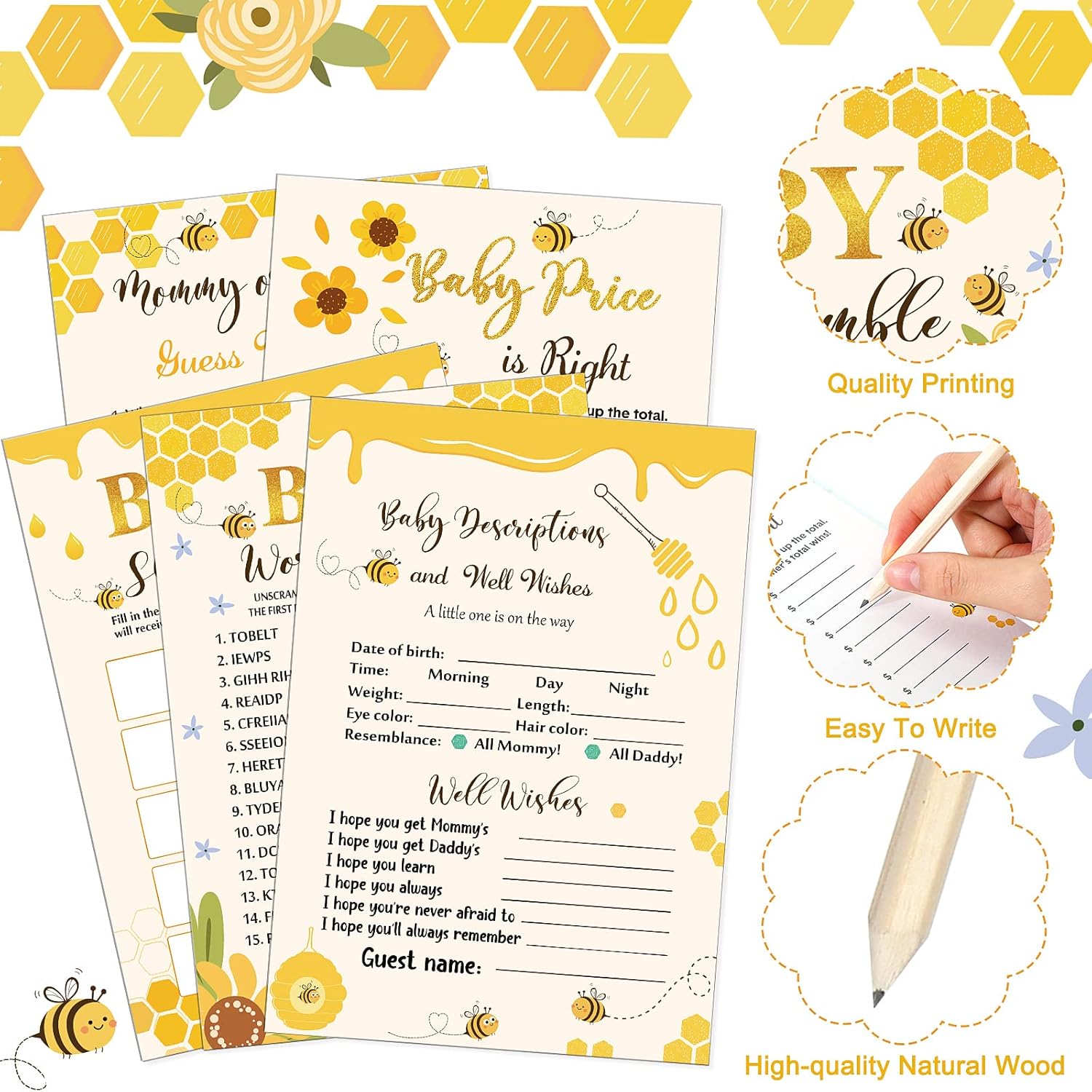 145 Pcs Bee Baby Shower Games Gender Neutral Set Includes 125 Pcs 5 Kinds Party Games 20 Pencils For Honeycomb Bee Baby Shower Decorations Favors Gender Reveal Party Supplies