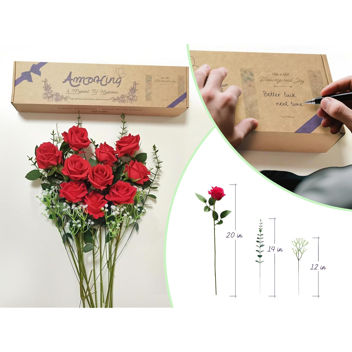 10 Stems Artificial Roses Bouquet With 4Pcs Artificial Baby'S Breath 6Pcs Artificial Eucalyptus Leaves Stems, For Silk Floral Arrangement Or Space Decoration (Red)