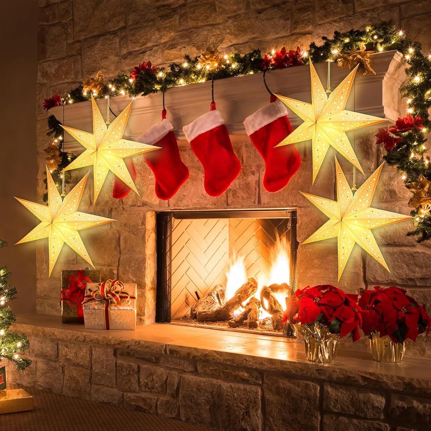 2 Pack 20 Inch Paper Star Lanterns, Star Paper Light Christmas Decor, 7 Points Warm White Led Star Light With Plug, Coll