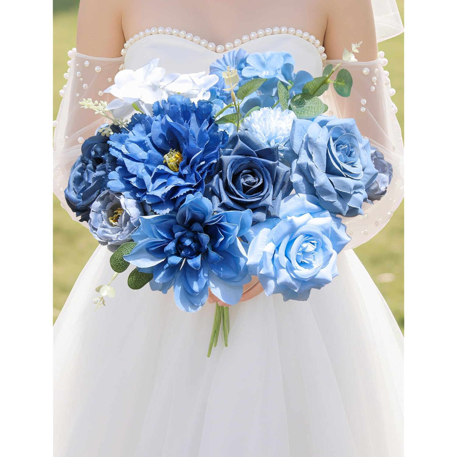 Artificial Flowers For Home Decorations: Blue Silk Fake Flowers Bulk Boxed Set, Peony Roses Bouquets With Stems For Table Centerpiece, Diy Wedding, Bridal Shower, Graduation Cap & Tea Party