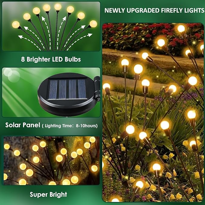 6 Pack Solar Firefly Garden Lights 48 LED Warm White Waterproof Swaying Yard Lights