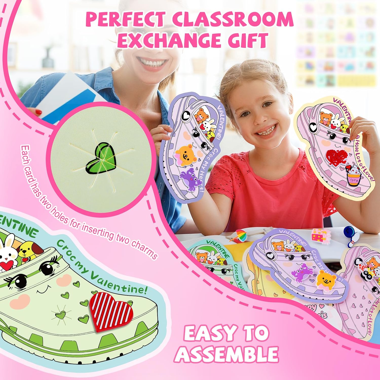 Valentines Day Cards For Kids School Classroom, 30Pcs Valentine'S Cards With 60 Shoe Charms For Boys & Girls, Valentine Classroom Exchange Gift Party Favors