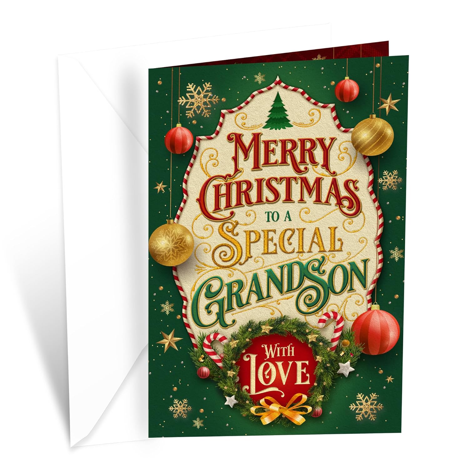 Grandson Christmas Card, Made In America, Thick Card Stock With Premium Envelope Packaged In A Reusable Presentation Mailer, Eco-Friendly, 5In X 7.75In