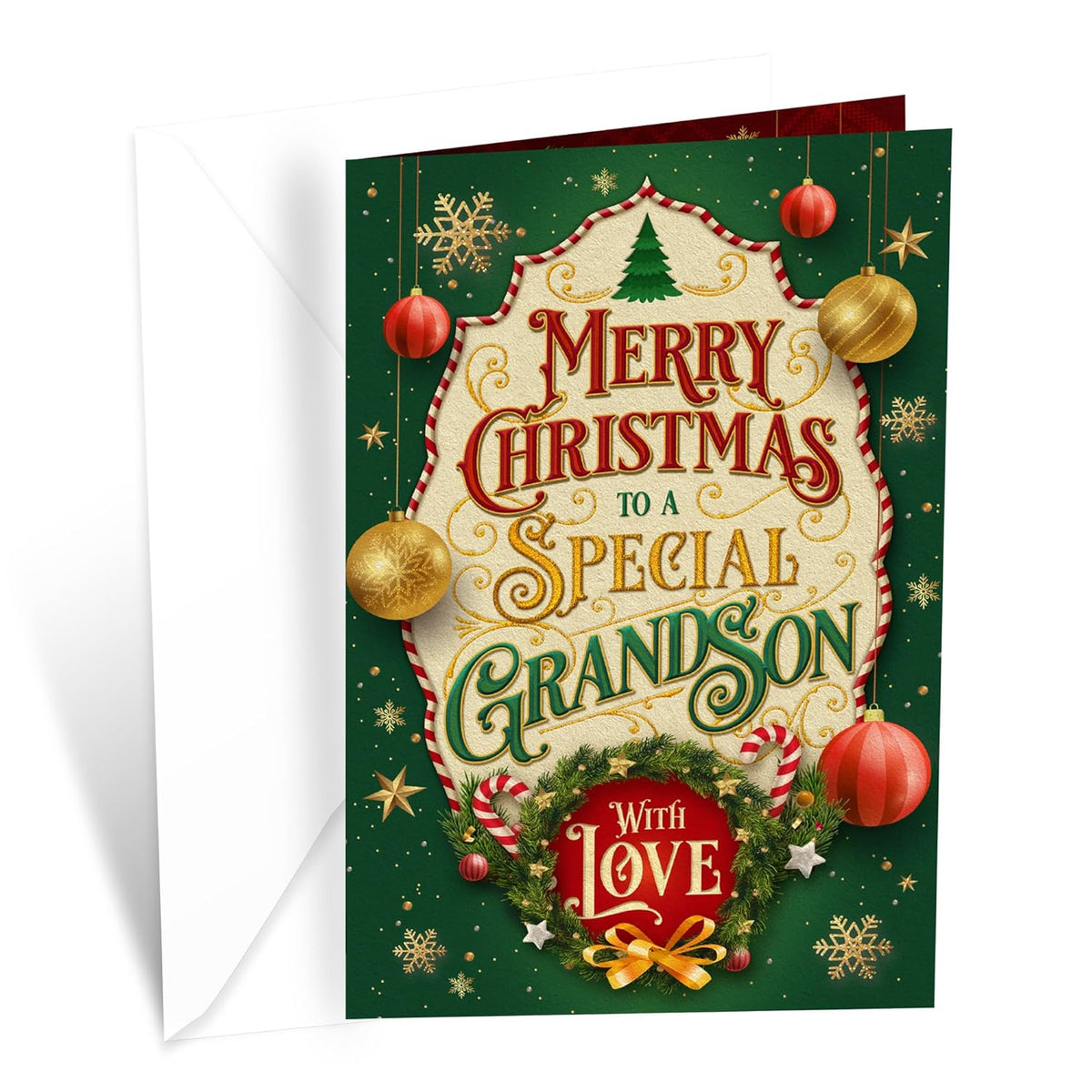 Grandson Christmas Card, Made In America, Thick Card Stock With Premium Envelope Packaged In A Reusable Presentation Mailer, Eco-Friendly, 5In X 7.75In