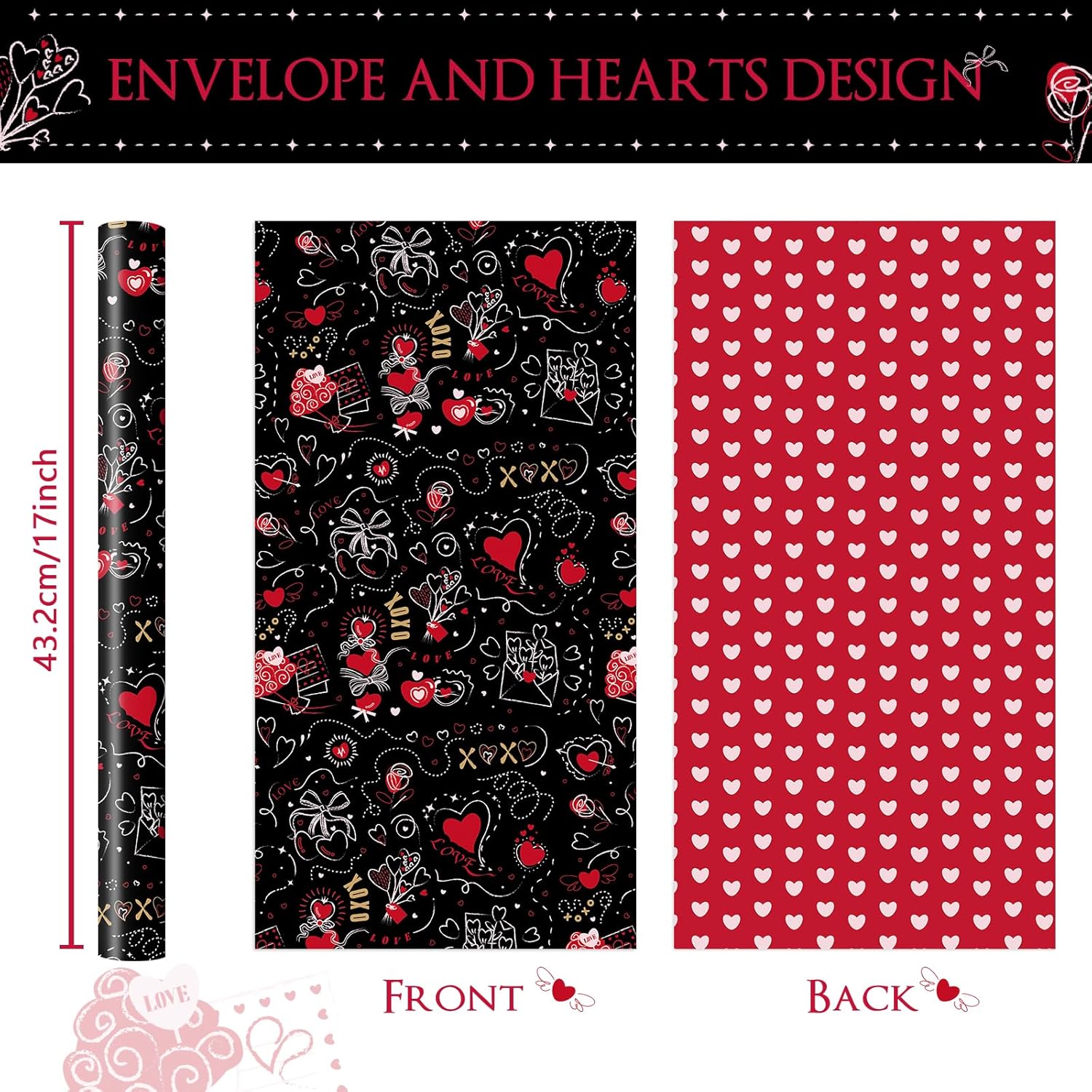 Valentine Wrapping Paper Roll - 1 Roll 17’’ X 33Ft Valentines Day Wrapping Paper Black Red Heart Wrapping Paper Valentine Gifts Wrap For Men Women Xoxo Design With Cutting Line