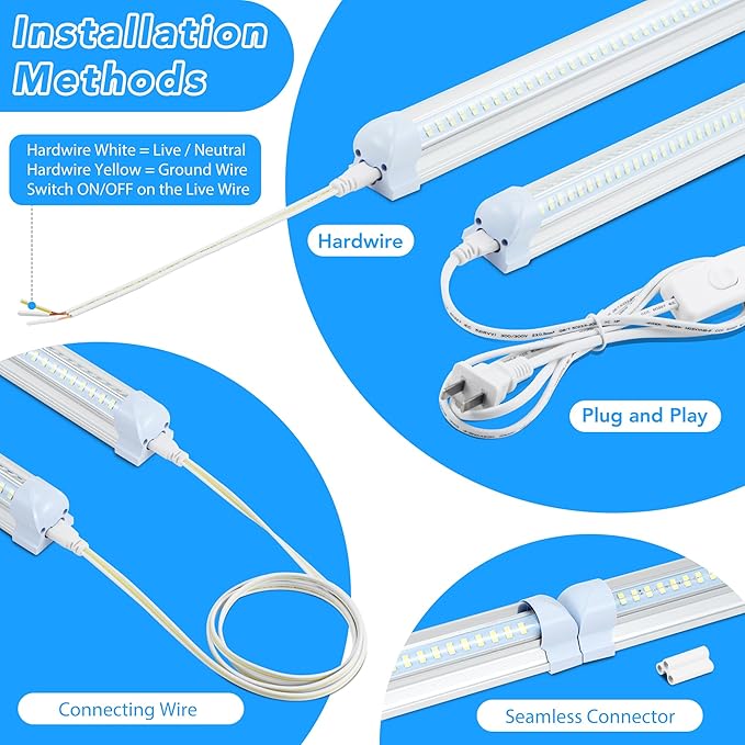 4 Pack 2FT LED Shop Lights 30W 4800LM 6000K 6500K Linkable Plug and Play Garage Warehouse Lights