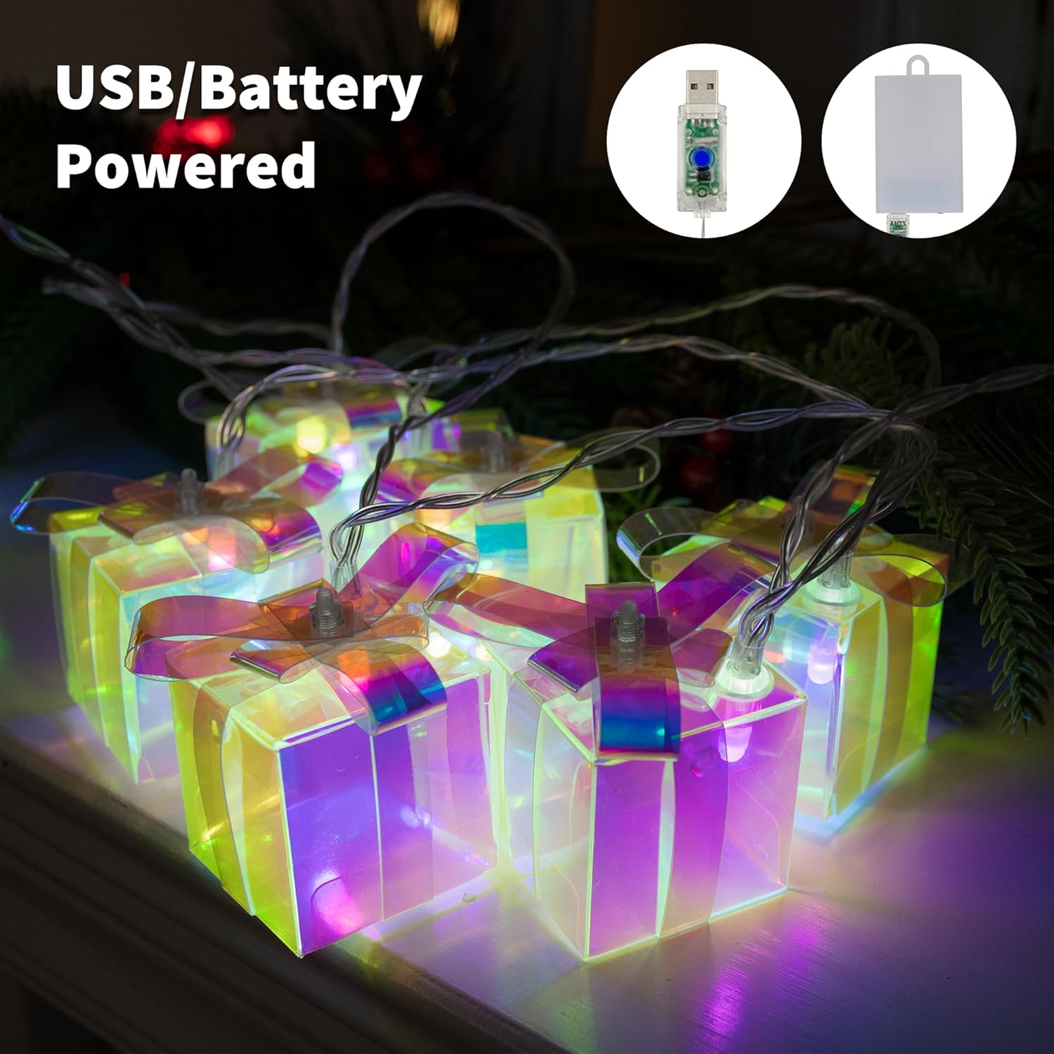 Christmas Gift Box String Lights With Remote Timer,13Ft 20 Led Iridescent Christmas Decoration, Usb Battery Operated Fai