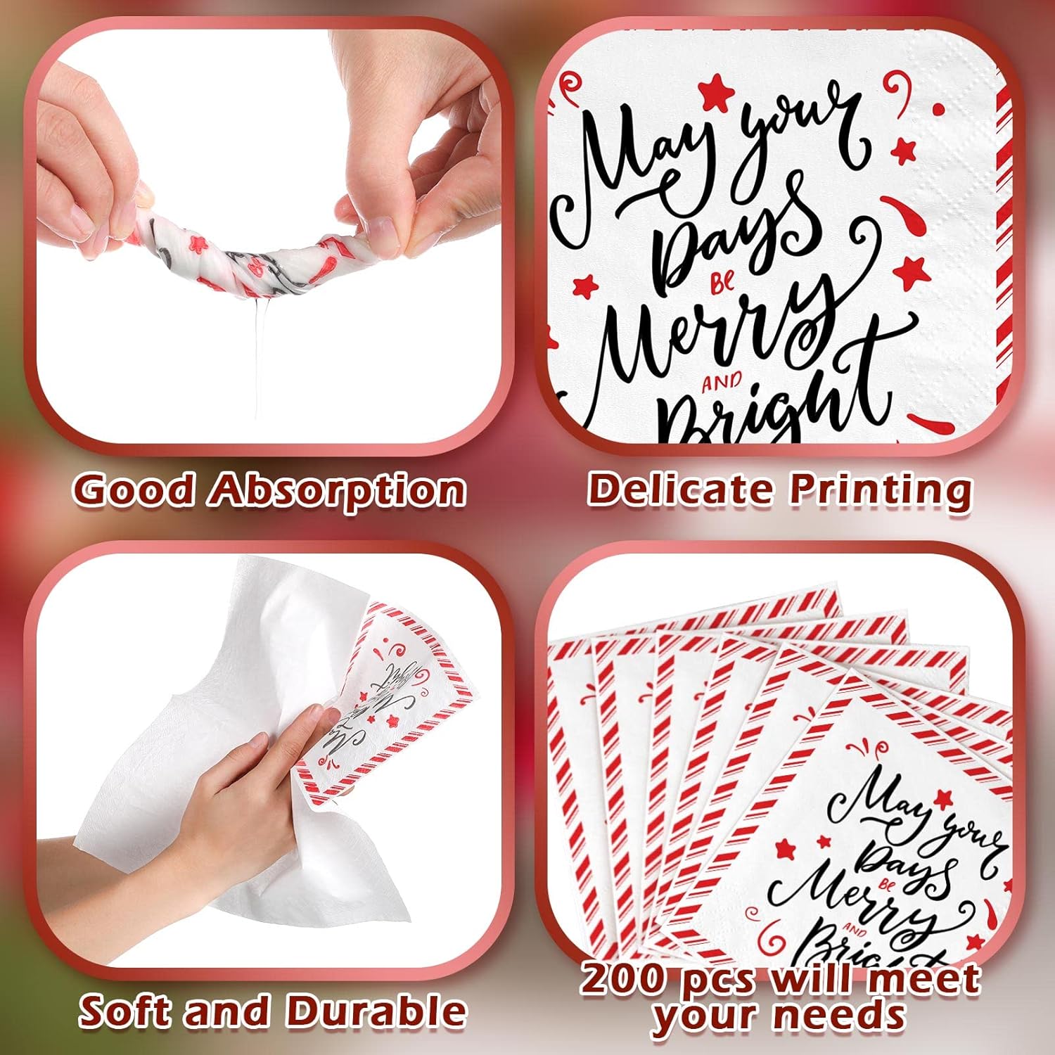 200 Pieces Christmas Disposable Paper Napkins Christmas Napkins Paper Disposable Napkins For Christmas Party Paper Napkins Decorative Paper Napkin For Party Dinner Lunch Holidays