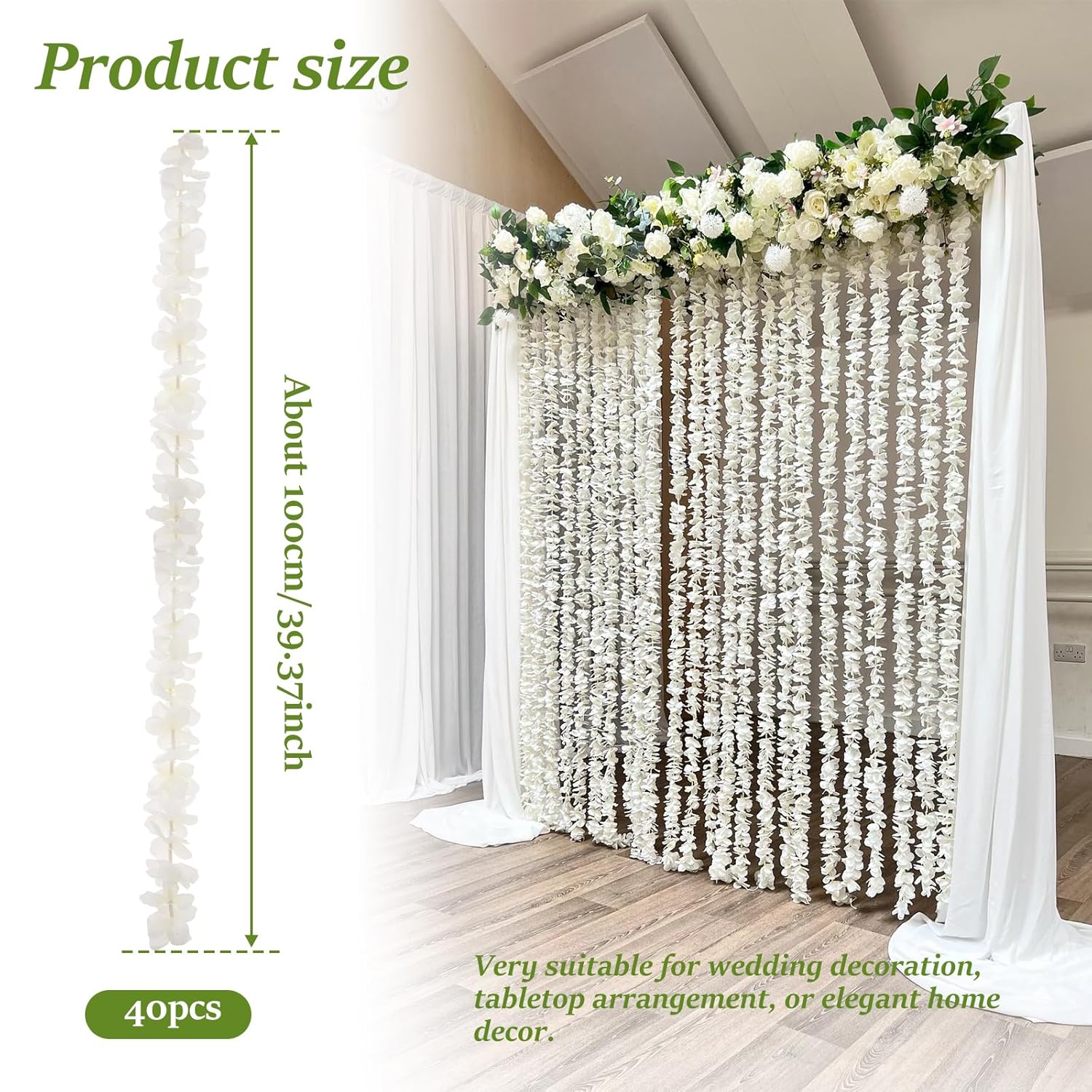 40Pcs Artificial Wisteria Hanging Flowers, 3.3Ft Artificial Wisteria Garland, White Hanging Wisteria Flower Vines Rattan, Reusable Silk Flowers String For Wedding Arch Party Garden Home Decor