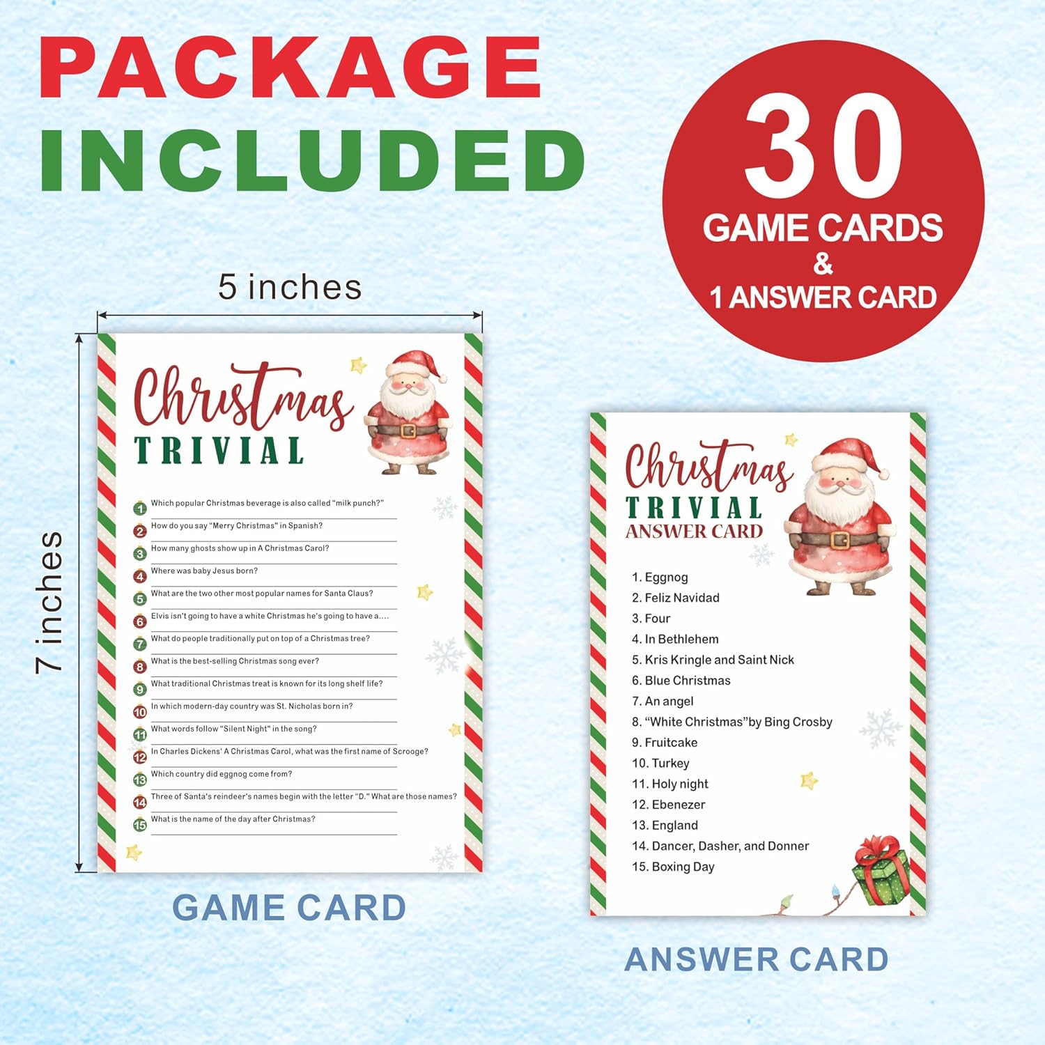 30 Pack Christmas Party Game Cards - Christmas Trivial - Cute Santa Design Fun Xmas Games Activity For Office Groups, Festive Events Xmas Party Decorations (5" X 7",With One Answer Cards) - A05