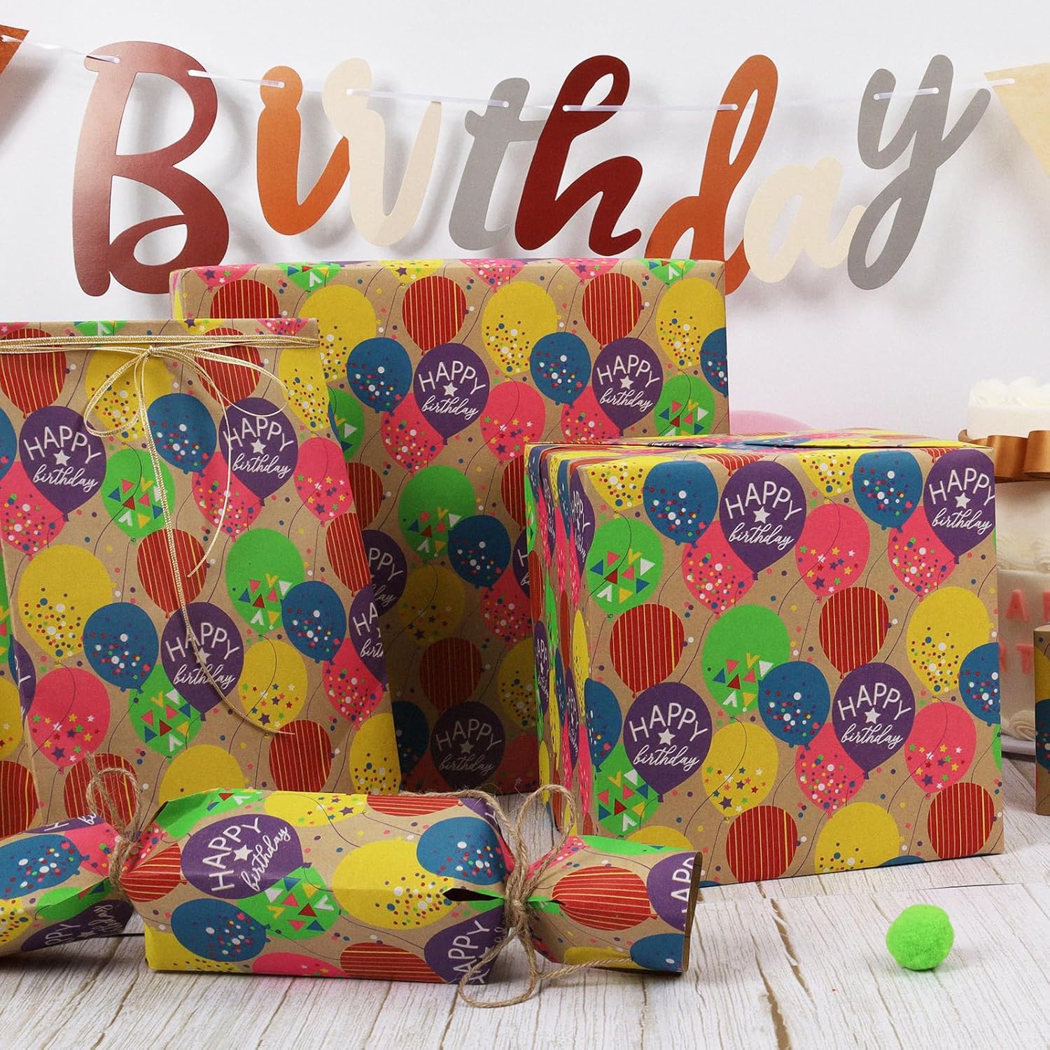 Birthday Wrapping Paper Roll For Kids, 30 Inch X 33 Feet (83 Sq. Ft. Ttl.) Kraft Gift Wrap Paper With Colorful Balloon Pattern For Baby Shower Holiday Party
