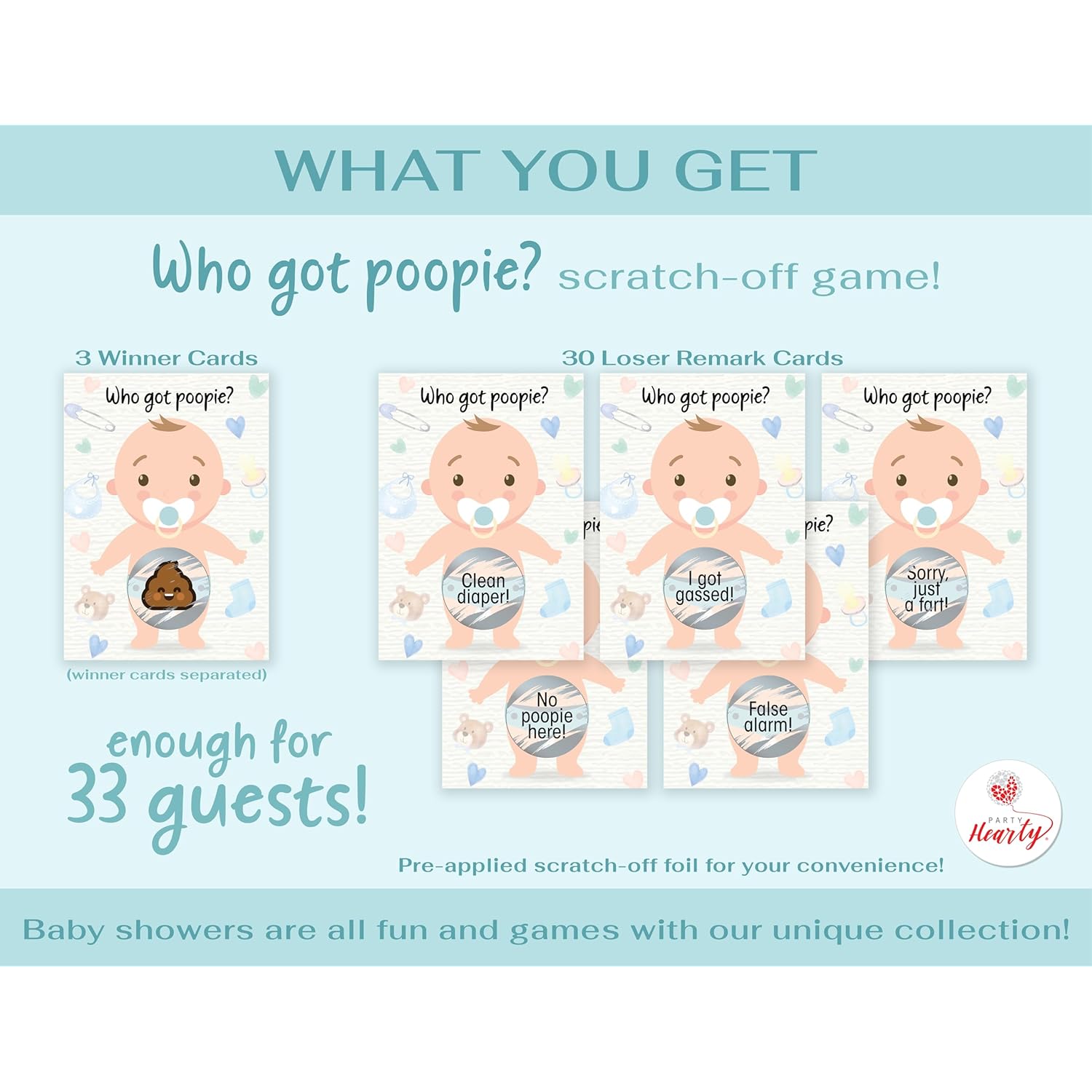 Baby Shower Games For Girl And Boy, 33 Poopie Emoji Scratch Off Lottery Tickets, Baby Games Ideas, Scratch Off Game.