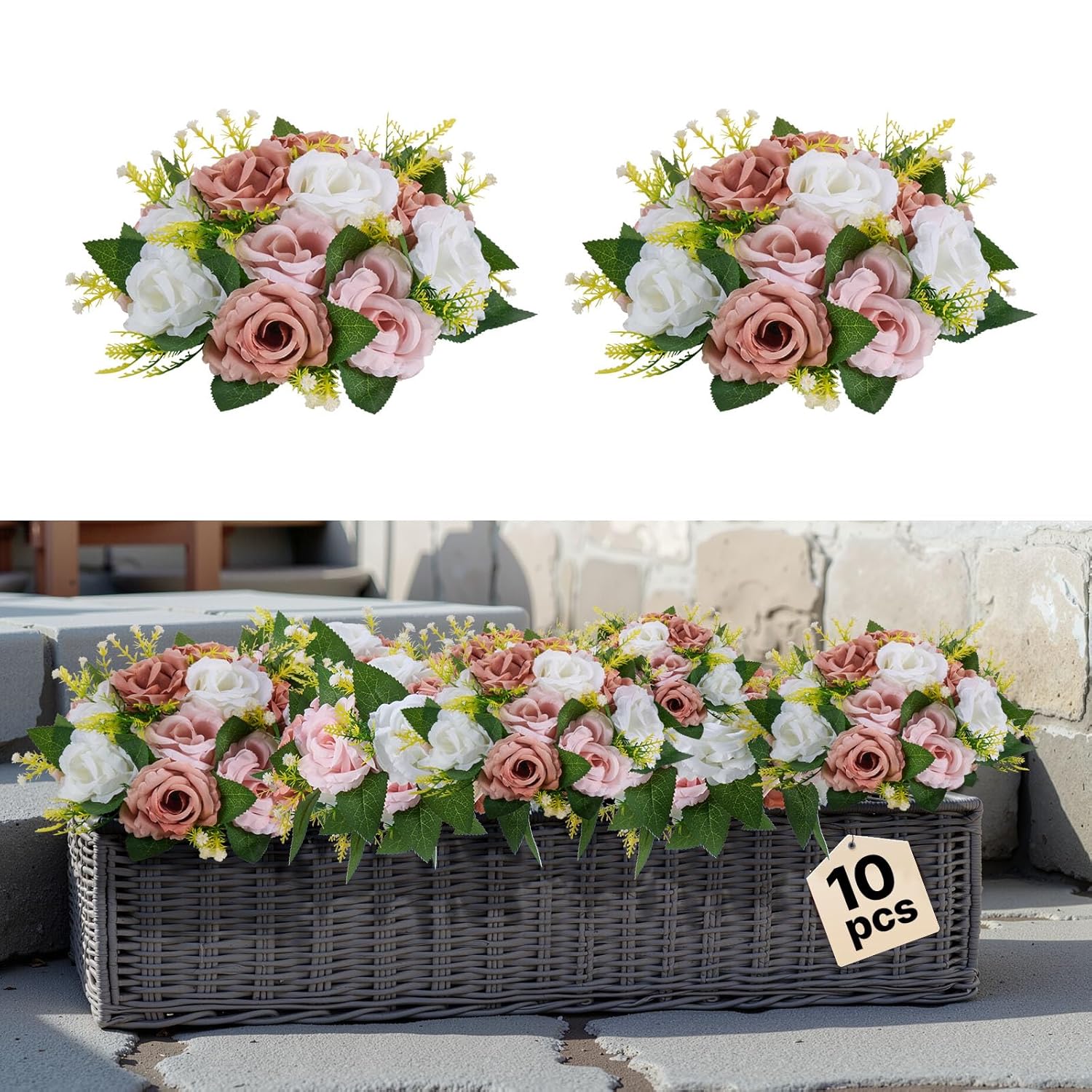 VEVOR Flower Ball Arrangement Bouquet 10PCS, 9.5-Inch Diameter Artificial Flower Balls Wedding Table Centerpieces, Faux Rose Arrangements for Wedding Centerpiece Home Decoration, Pink and White Roses