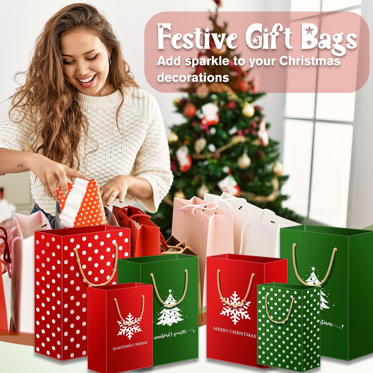 Christmas Gift Bags Assorted Sizes Red And Green Style Evergreen Tree Christmas Plaid For Xmas And Christmas Snowflakes With Handle Holiday Gift Bags(12 Bags: 4 Large 16", 4 Medium 13", 4 Small 8")
