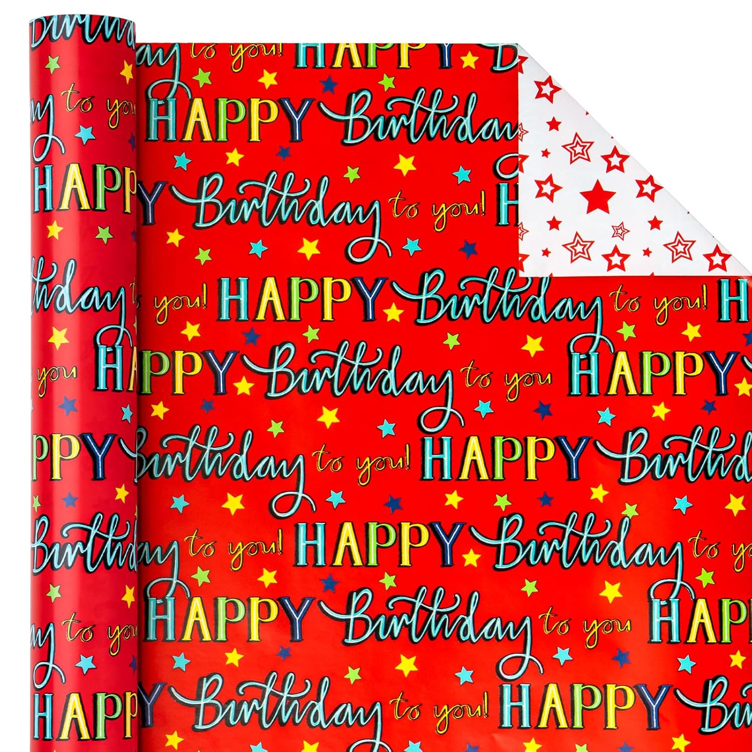 Jumbo Reversible Birthday Wrapping Paper - 30 Inch X 100 Feet Jumbo Roll - Red Happy Bday To You Lettering And Stars Design For Birthday, Baby Shower